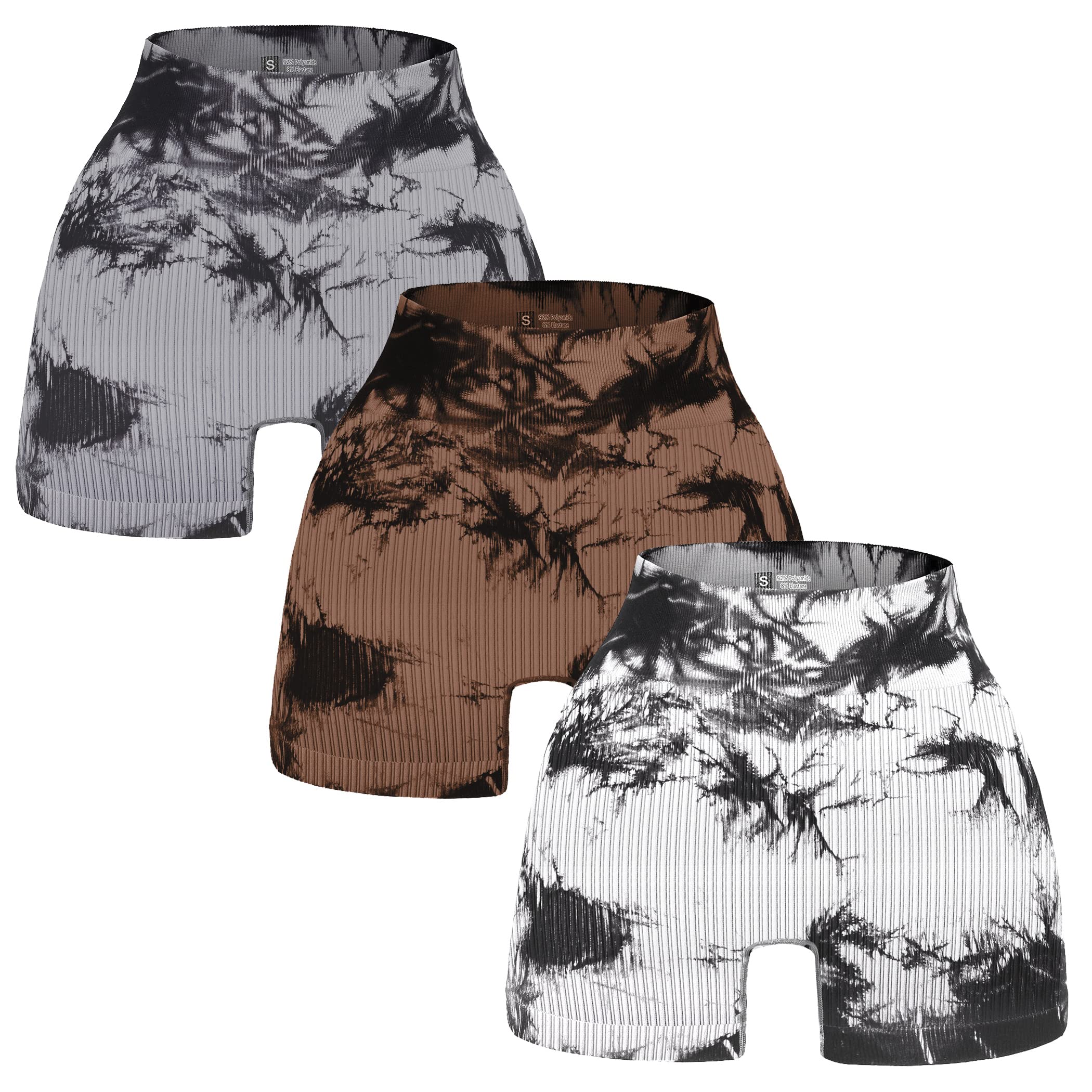 YWBIN 3 Piece Tie Dye Ribbed Workout Shorts for Women Seamless Gym Athletic Yoga High Waist Shorts