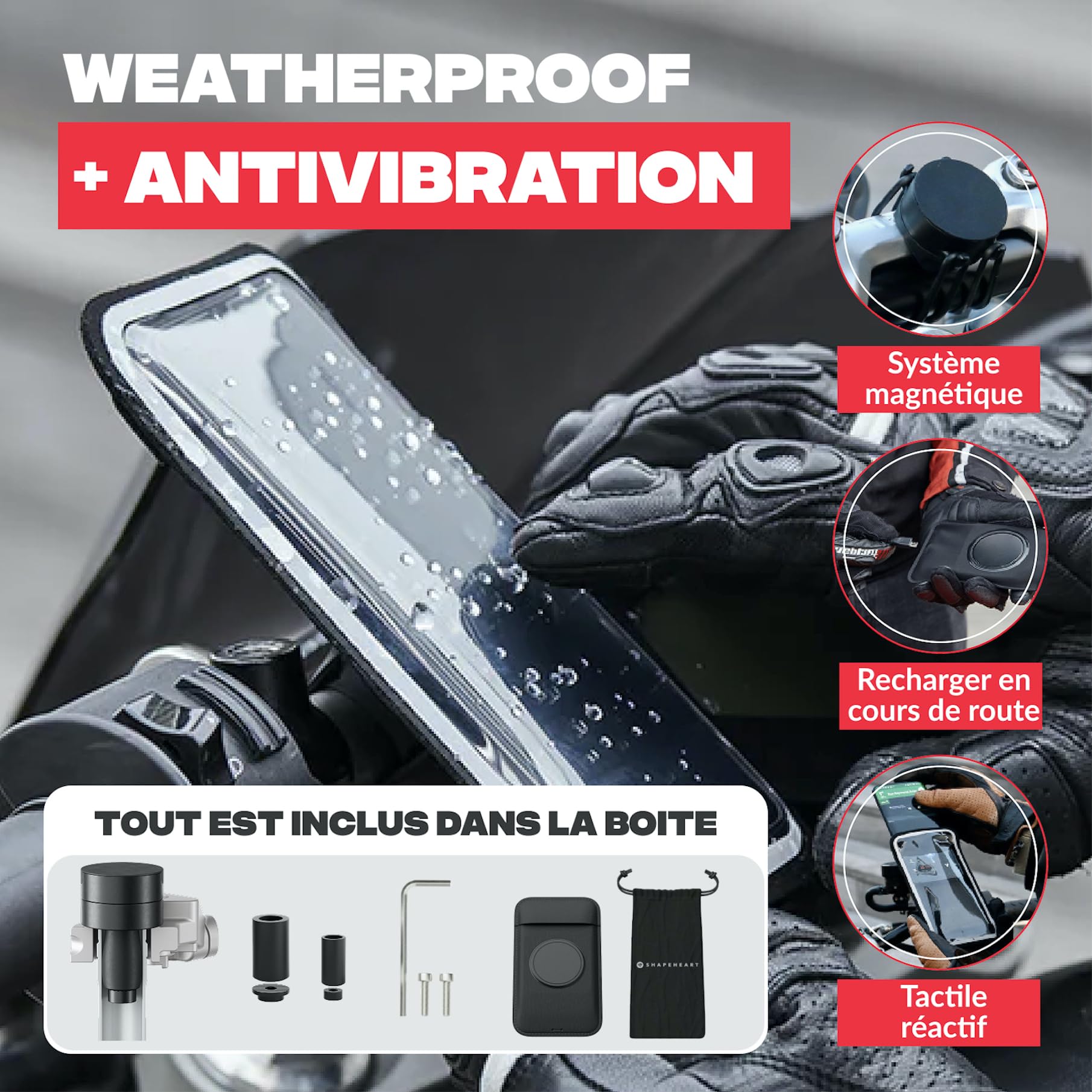 Shapeheart Support Téléphone pour Demi-Guidon de Moto Pochette Détachable | Compatible tous Smartphones | Claper et Retirer en 1 Geste | Colonne de direction 11-24 mm | Anti-vibrations | Weatherproof