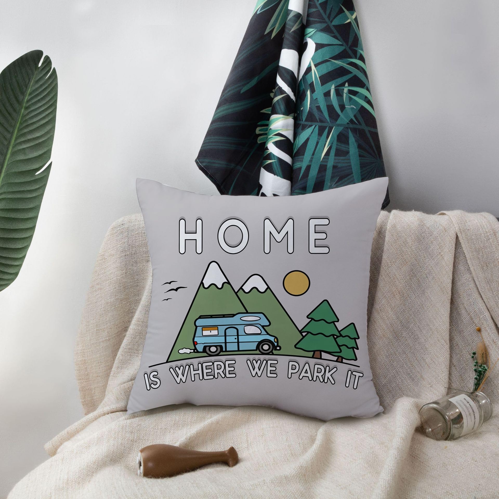 KUNQIAN Cushion Cover Campervan Aaccessories UK Gadgets Light Grey Gift for Motorhome Owners Caravan Camping Home is Where We Park it Throw Pillow Cover Decor Holiday Couch Bed Sofa 18"x18"(45x45cm) - Image 2
