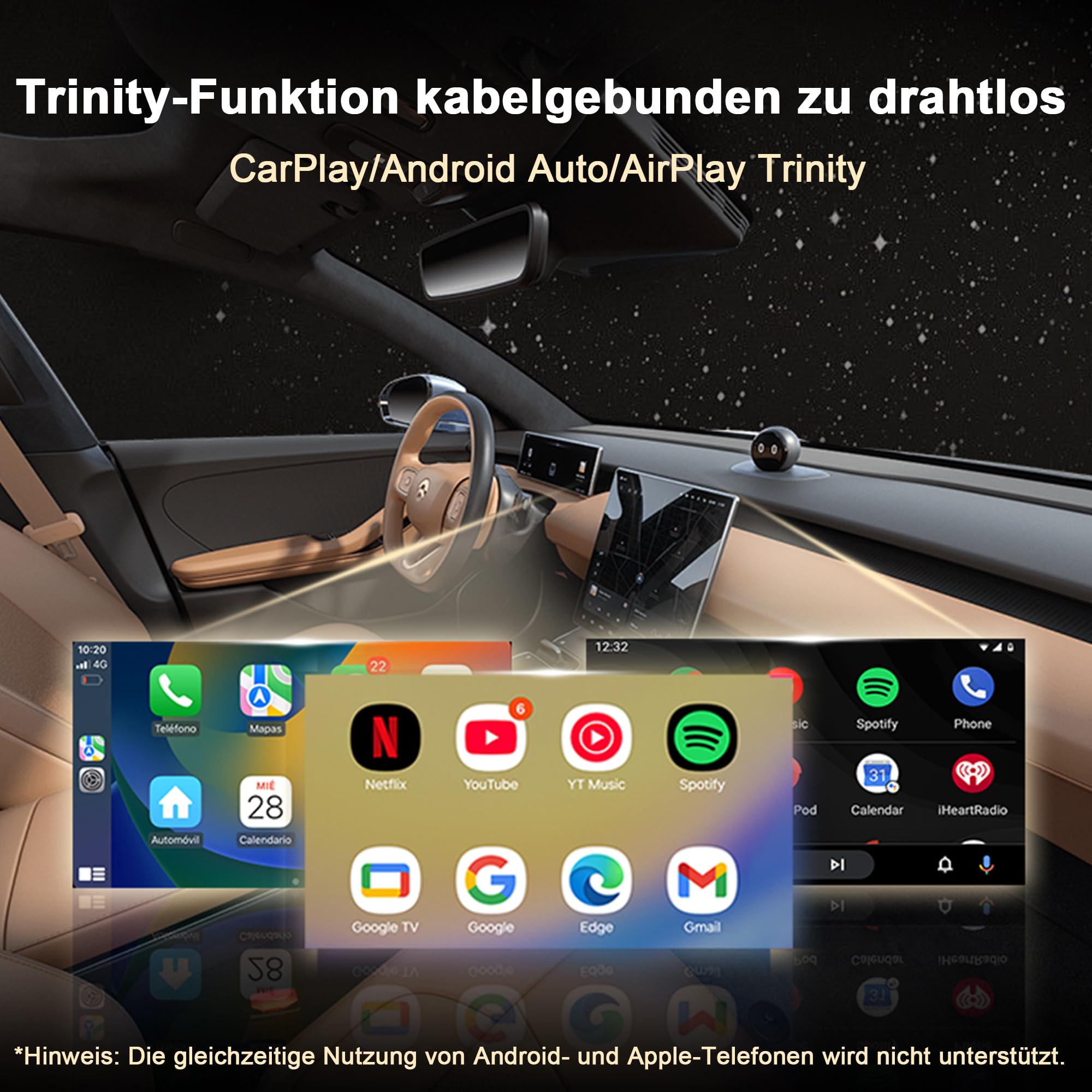 Adattatore Wireless CarPlay 4-in-1 – Da Cablato a Wireless per CarPlay e Android Auto, con MirrorLink e AirPlay Specchio, compatibile per iPhone e Android (Arancio-Bianco)