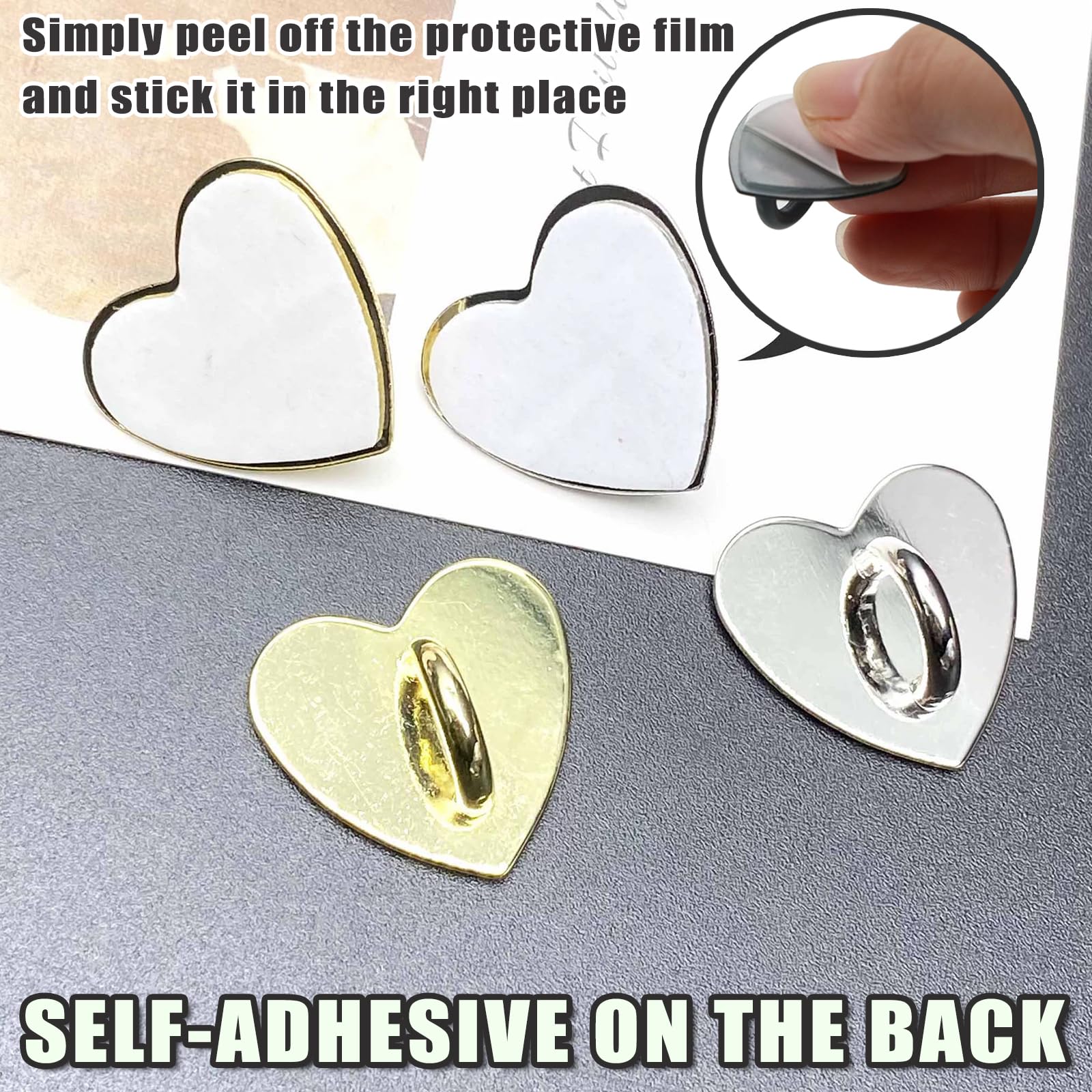 Handy-Charm-Haken, herzförmig, universal, selbstklebend, Metallhaken, Handy-Schlüsselanhänger, Oberflächenbeschichtung, Herz, Handy-Ringhalter, geeignet für Handyhüllen, Tablets, DIY-Zubehör (Gold)