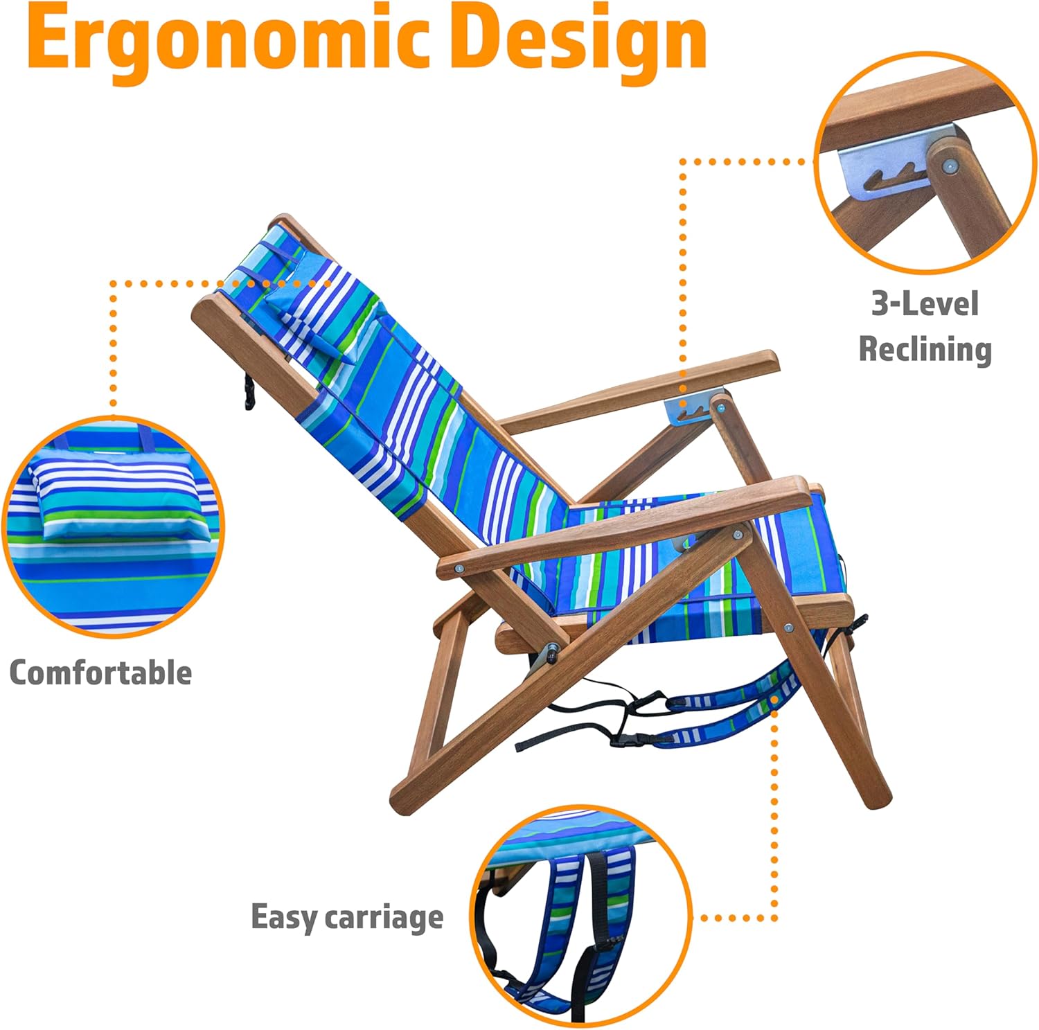 Melino Wooden Folding Outdoor Chair – 3-Position Reclining Beach Sling w/ Pillow, Zipper Pouch, Carry Strap – Acacia Wood Frame for Patio, Lawn, Garden, Pool 225 lbs Support - Portable Lounge, Stripe
