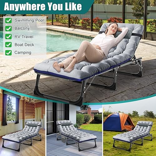 Vista 46 de DoCred Sillón plegable con colchón, cama plegable ajustable de 5 posiciones, tumbona perfecta para tomar el sol, campamento, piscina, playa, patio