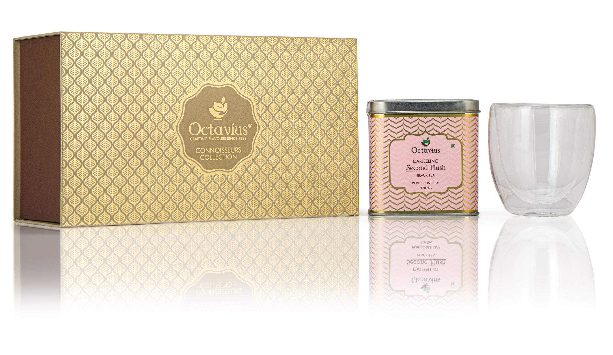 Octavius Connoiseurs Tea Collection Gift Pack | Darjeeling Selects | Premium Darjeeling Second Flush Whole Leaf Tea - 100 Gms | Double Wall Borosilicate Glass - 250 ML | Gift Hamper