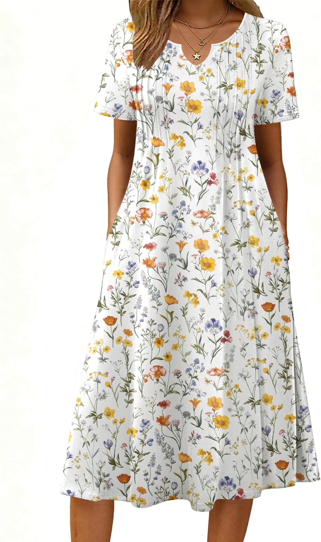 Summer Dresses for Women 2026 Casual Short Sleeve Aline Midi Dress with Pocket Flowy Pleated Tshirt Beach Sundress