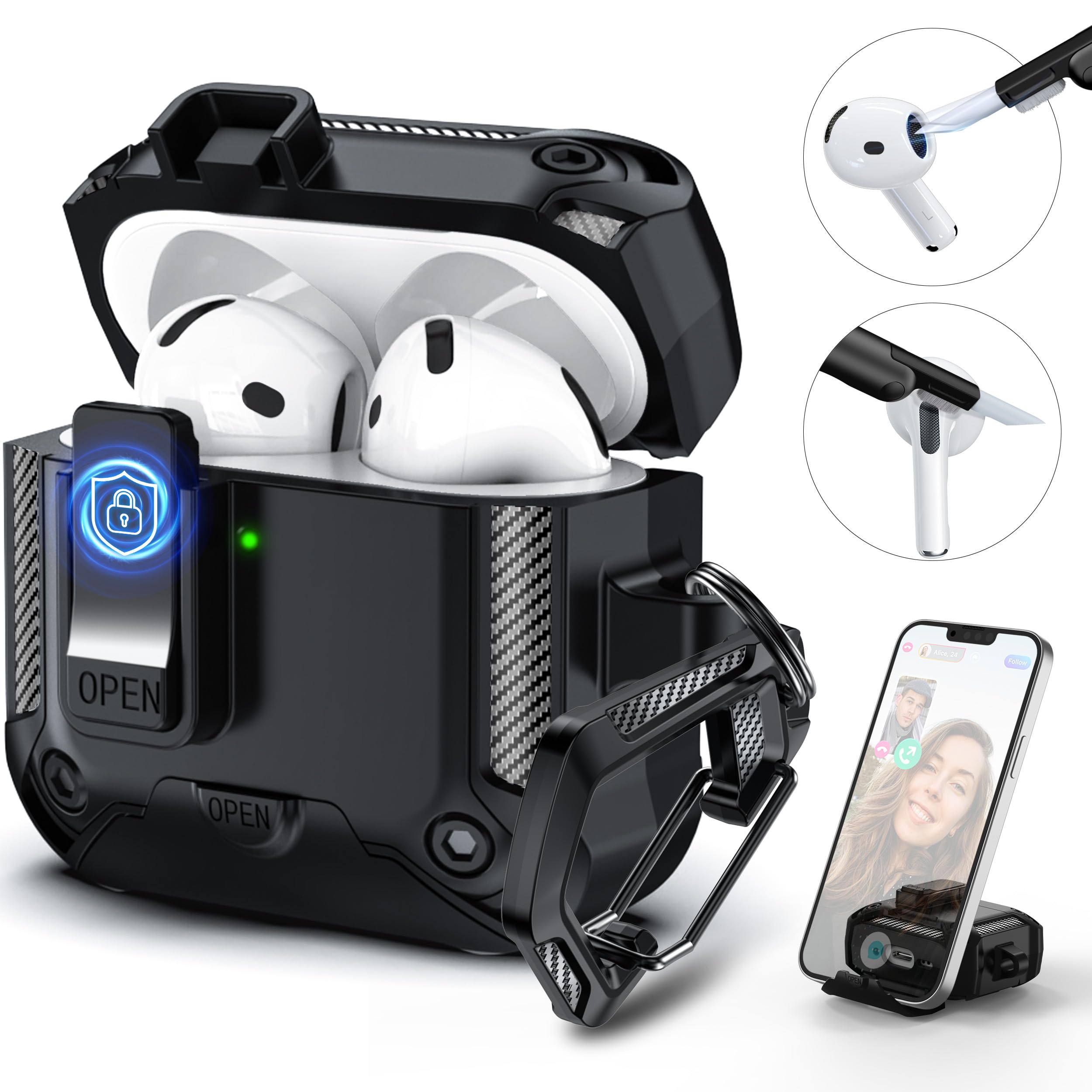 R-funfor AirPods 4 Case with Lock, Full-Body Protective Case Cocer with Upgrade New Bracket Design for Apple AirPods 4th Generation 2024 (USB-C) with Cleaning Kit and Keychain,Black