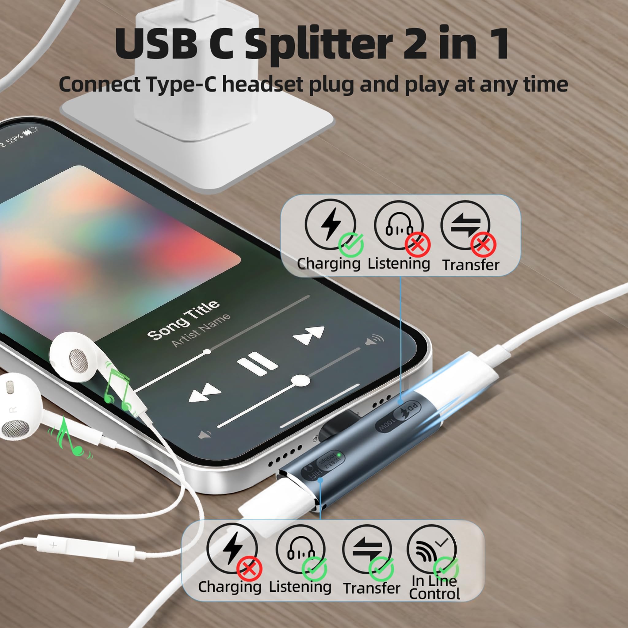 Adattatore USB-C 2 in 1 Audio e Ricarica Rapida 100W per Laptop Tablet Smartphone Grigio
