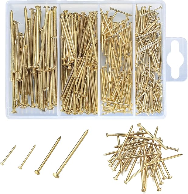 350PCS Brass Gold Nails and Pins Assortment, Brass Plated Nails for Wood Working Panel Pins Gold Nail Tacks for Wall Hanging20mm/25mm/40mm/50mm