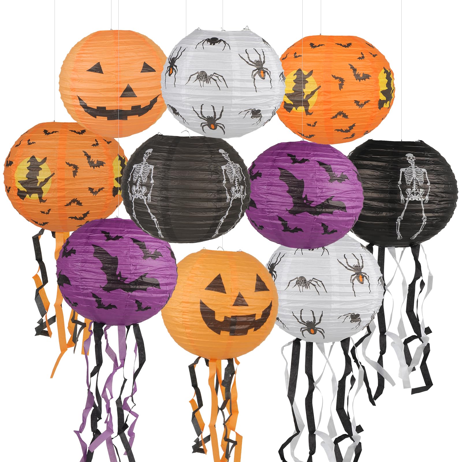 Kungfu Mall 10PCS Halloween Decorations Paper Lanterns, Halloween Pumpkin Hanging Lanterns with Tassels, Funny Bat Witch Skeleton Spiders Home Decor for Spooky Indoor Outdoor Tree Party