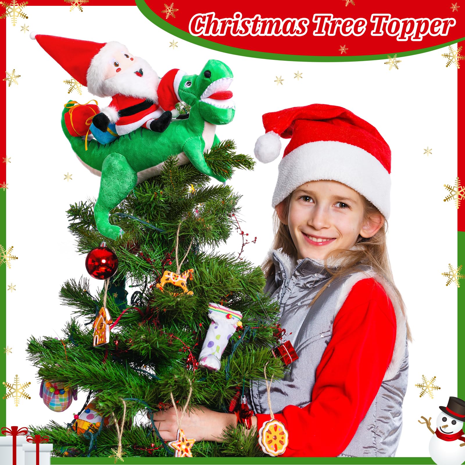 Meooeck Christmas Dinosaur Plush Tree Topper Santa Riding Dinosaur Hanging Tree Ornament for Kids 10 Inch Large Funny Christmas Topper Decor Curtain Tie Wine Bottle Decor for Holiday Party Favors