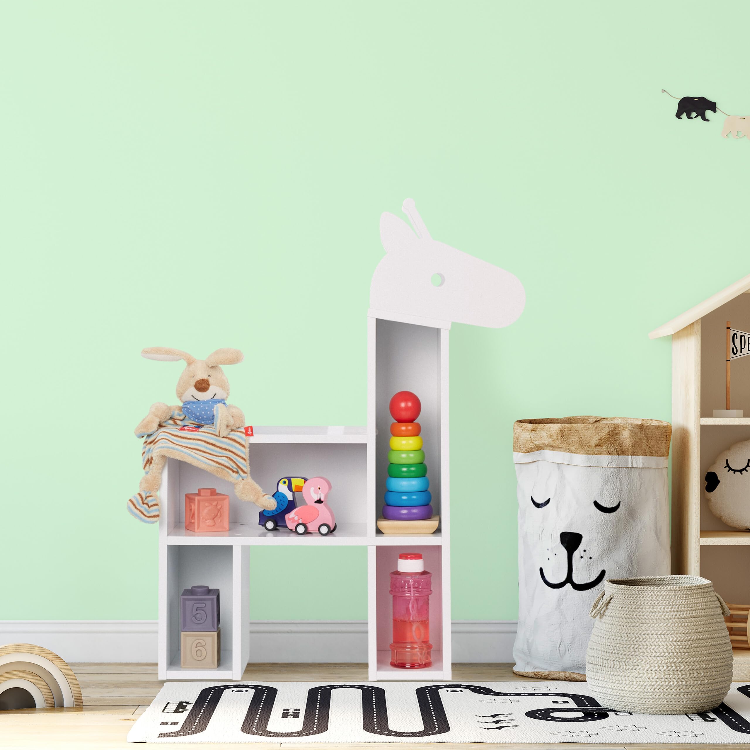 Relaxdays Estantería Infantil Forma Jirafa, 4 Baldas, 69,5 x 52,5 x 20 cm, Librería y Organizador Juguetes, Blanco