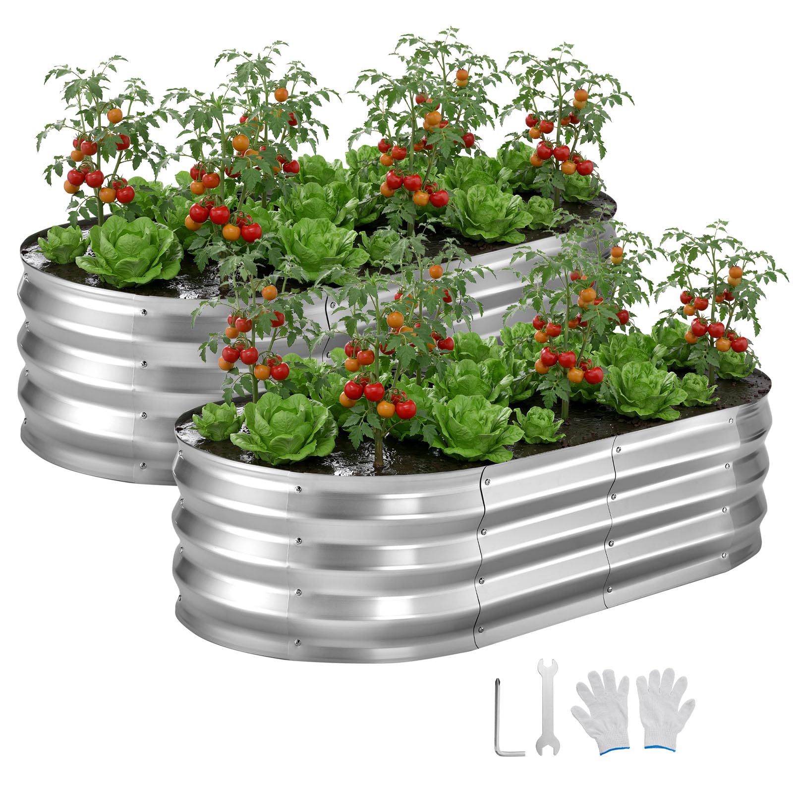 VEVOR Potager Surélevé Métal 120x60x30 cm Carré Potager Surélevé Lot de 2 Lit de Jardin Ovale pour Extérieur Culture Fruits Légumes Fleurs, Fond Ouvert, Galvanisé Aluminium-Zinc, avec Gants, Argenté