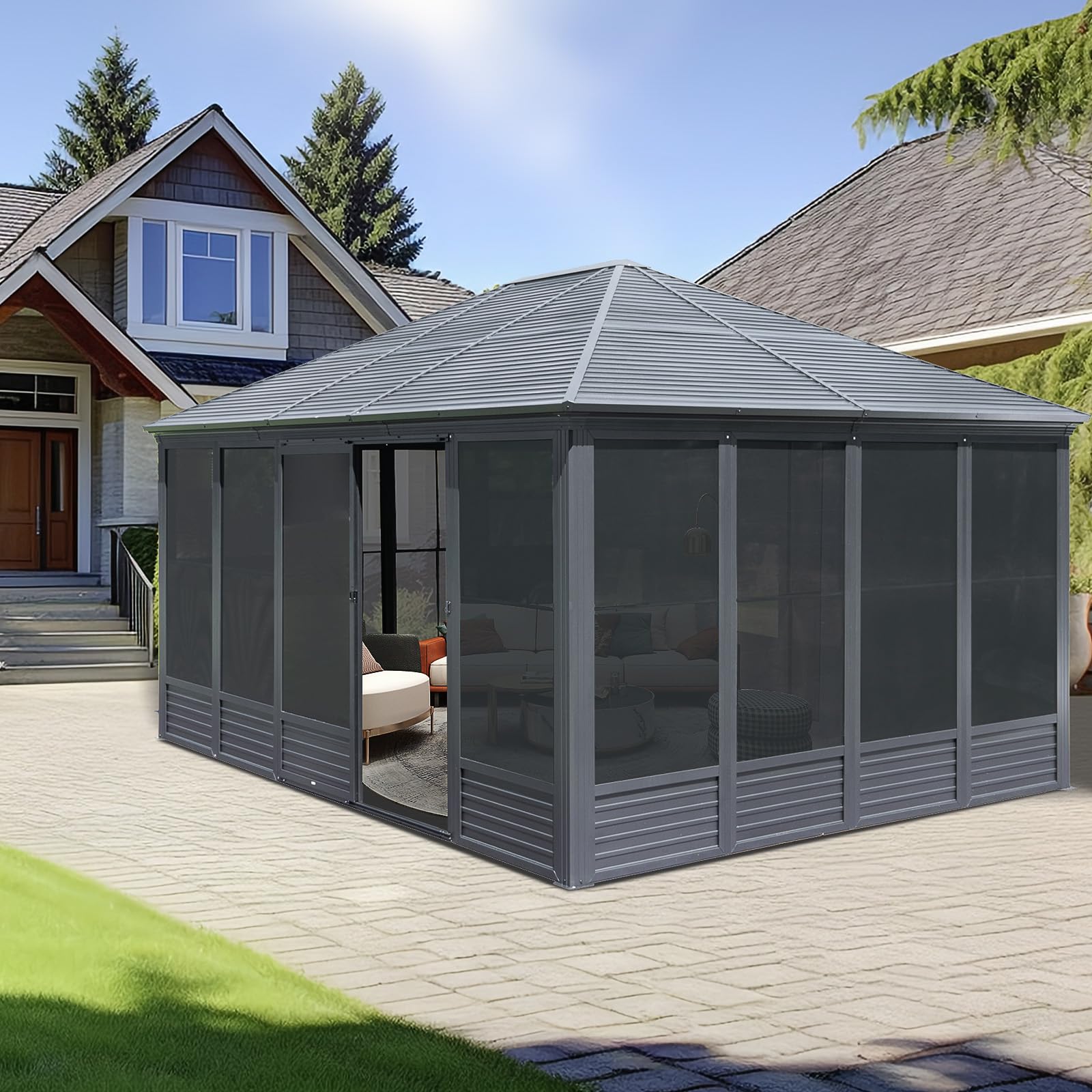 13x16.5 FT Sunroom, Four Season Enclosed Hardtop Gazebo with Galvanized Steel Roof, Aluminum Solarium Sun Room with Movable PVC Screen Walls, Sliding