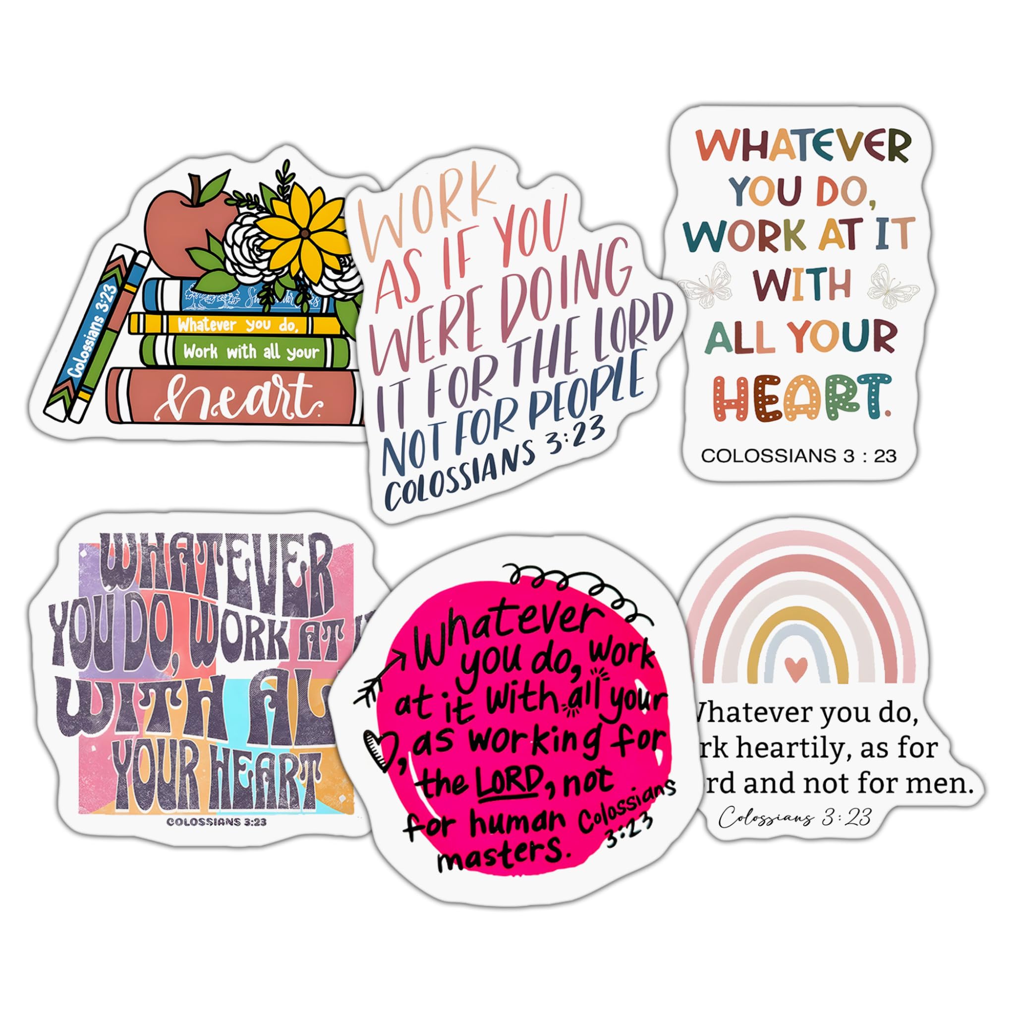 Pack 6 Colossians 3 23-24 Whatever You Do Work at It with All Your Heart Sticker 3 Inches Bible Verse, Christian, Waterproof Vinyl Sticker