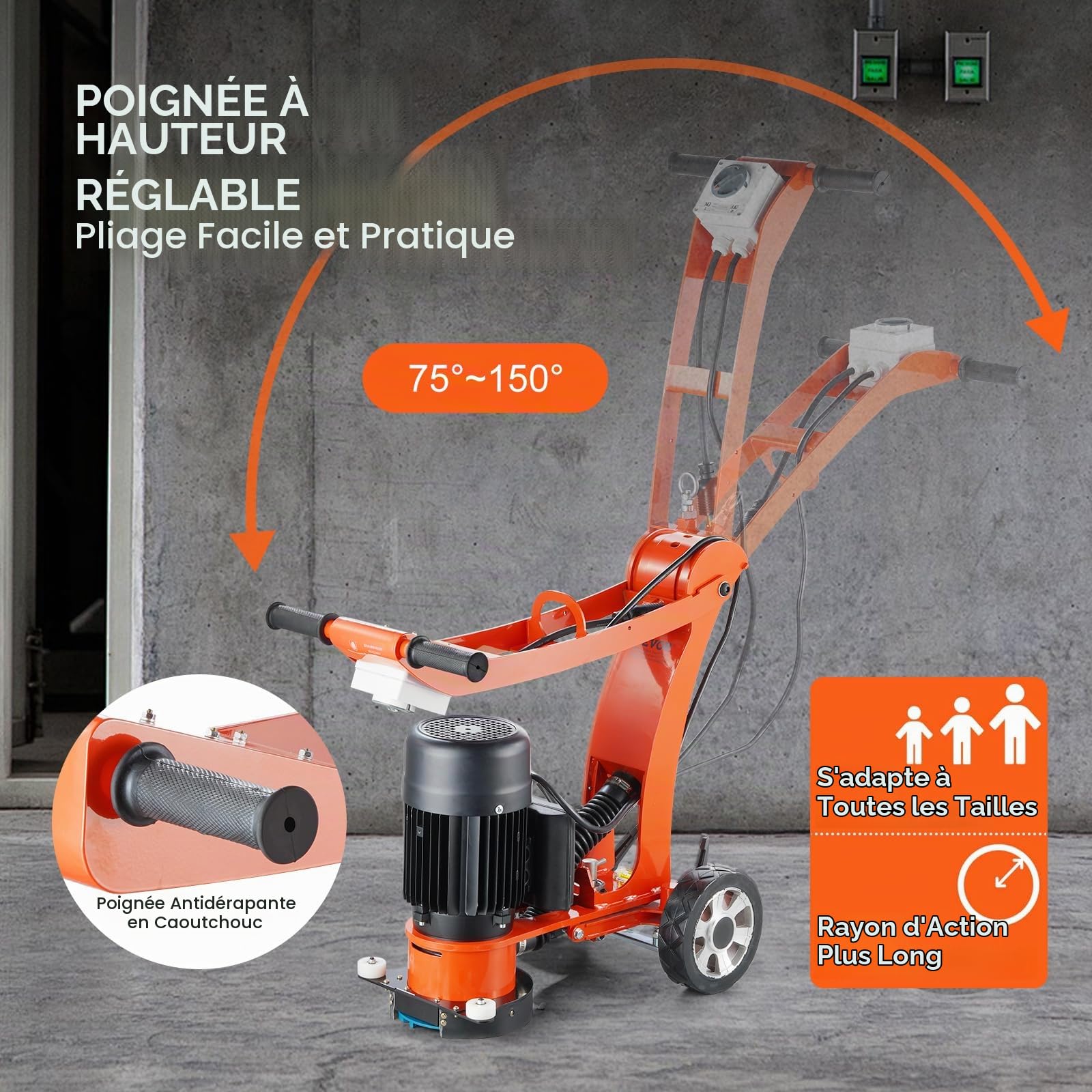 VEVOR Ponceuse électrique pour sol en béton 1500 W, surfaceuse de béton avec disque de ponçage de sol 180 mm, vitesse 1400 tr/min, moteur sans balais, meuleuse de surface pour granit, marbre, pierres