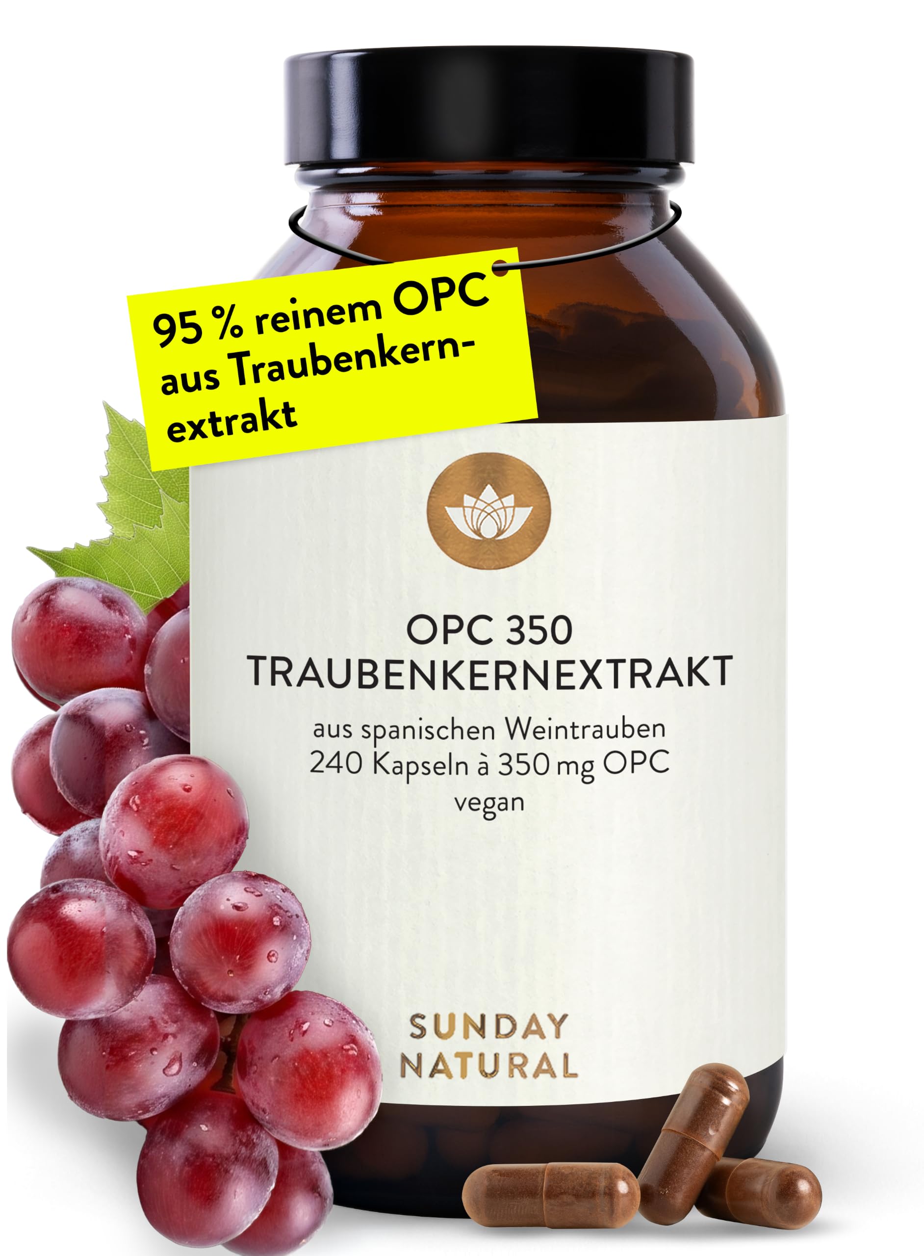 SUNDAY NATURAL® OPC Traubenkernextrakt – 240 Kapseln mit 95% reinem O.P.C. je Kapsel – Höchster OPC Gehalt nach UPLC – aus spanischen Weintraube – Laborgeprüft in Deutschland, vegan