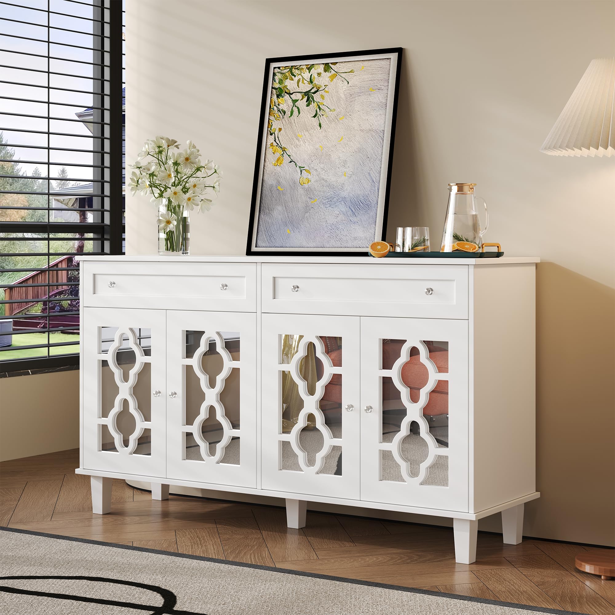 Komoda z drzwiami z lustrem, 140 cm, komoda z kryształowymi uchwytami, kredens z 2 szufladami, nowoczesna komoda z regulowanymi półkami, elegancka szafka do przechowywania do przedpokoju