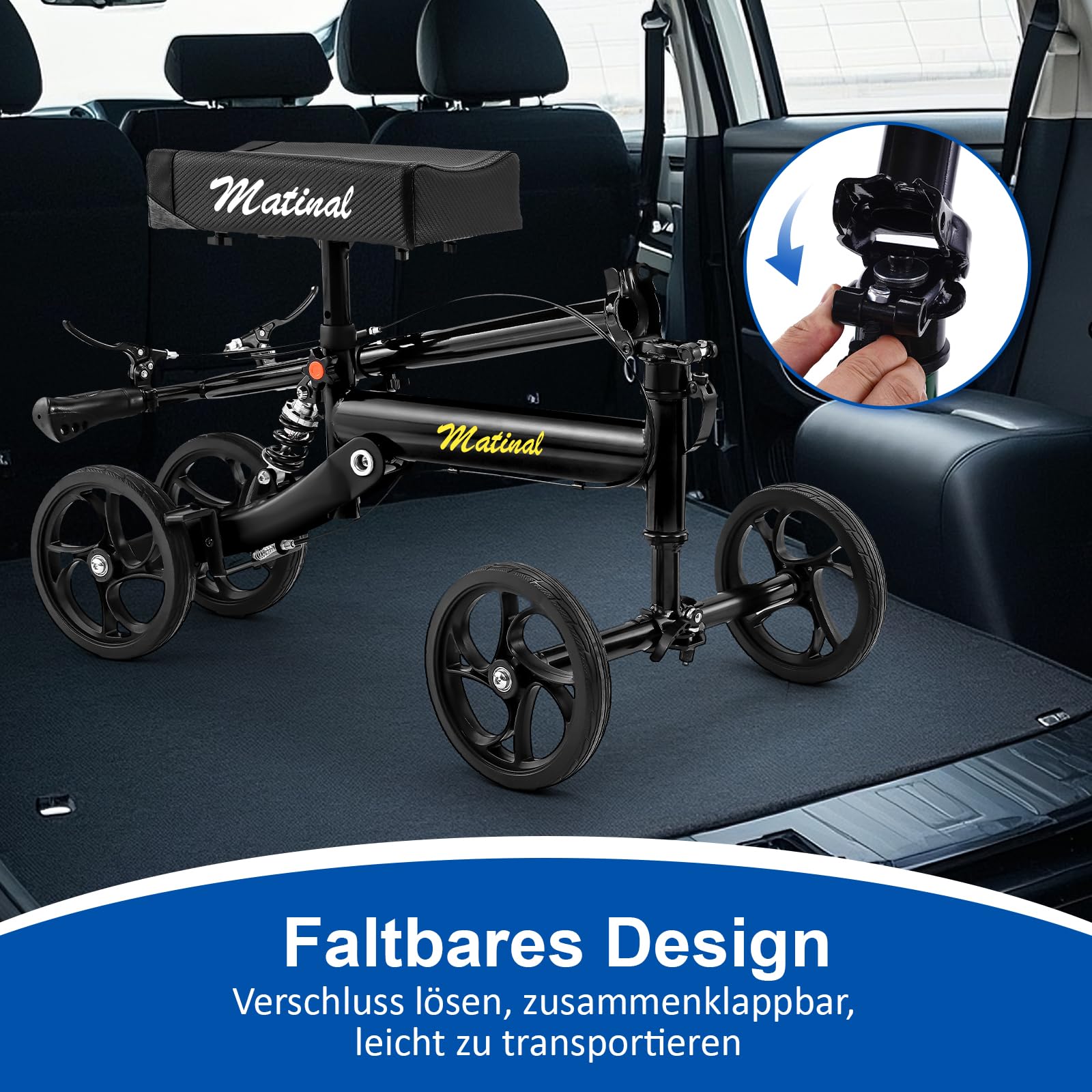 Knie Roller mit Stoßdämpfung, Krücken-Alternative 136kg, Schwarz | faltbarer Knie Roller Kohlenstoffstahl, leichter Knie Scooter nach Fuß OP, inkl. abnehmbarer Tasche & 20 cm Vorderrad