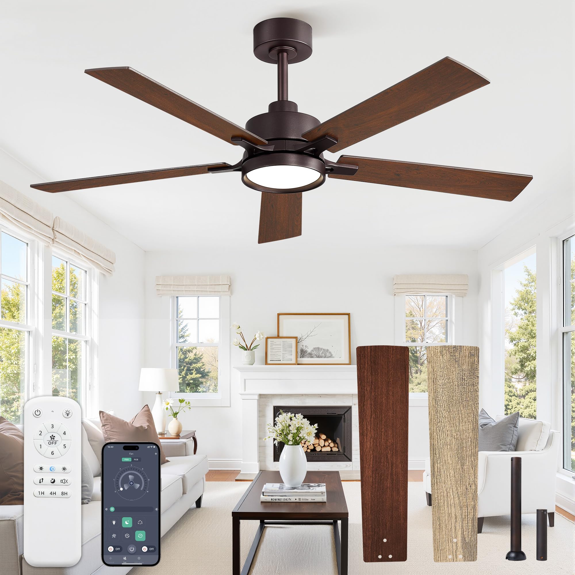 Photo 1 of **PARTS ONLY** Glowivia 42 Inch Ceiling Fan with Lights and Remote, Smart APP Control, Dimmable with All-Setting Memory, Quiet DC Motor Reversible Blades, Damp Rated Modern Ceiling Fan for Bedroom Patio Living Room