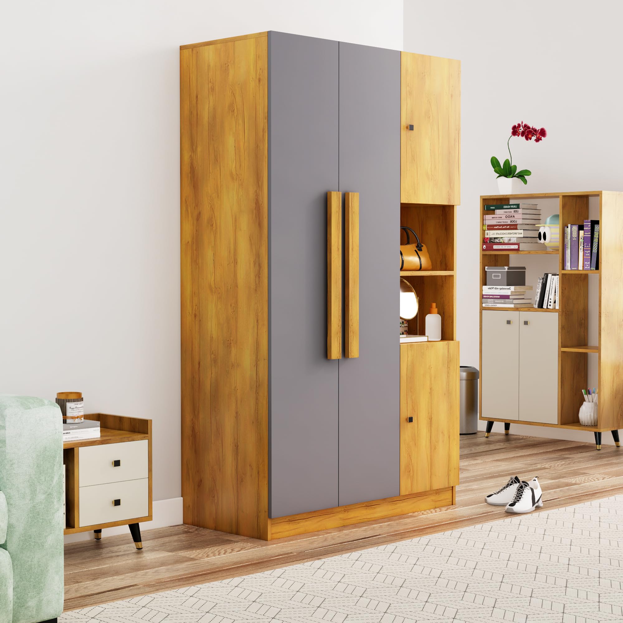 Wooden Almirah for Clothes, Door for Bedroom, 4 Door Wardrobe with Hanging Space (50D x 105W x 180H CM) |3 Year Warranty (Giant Wood & Slate Grey)
