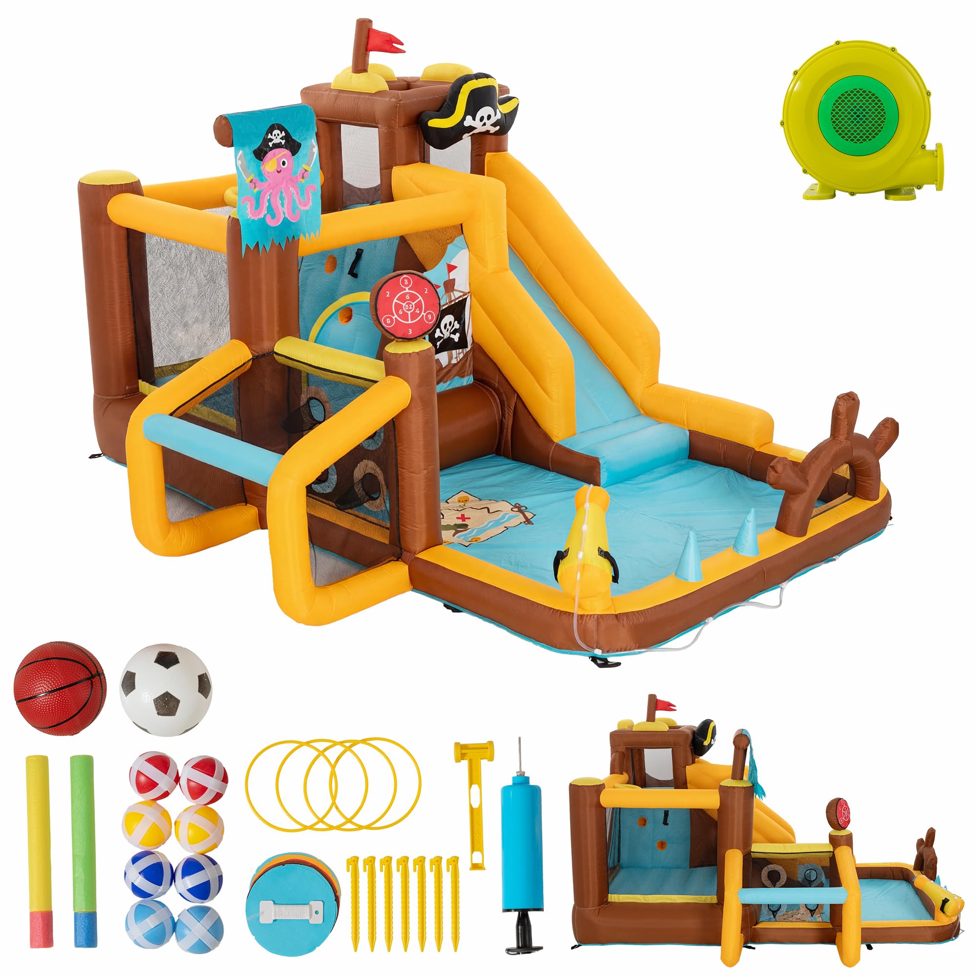 UEV Parco Gonfiabile 394x326x243cm con Unica Tema Navi Pirata | Castelli Gonfiabili con 8-in-1 Giochi per 4 Bambini in 3-8 Anni, Parco Giochi con Soffiatore 450W per Interno ed Esterno