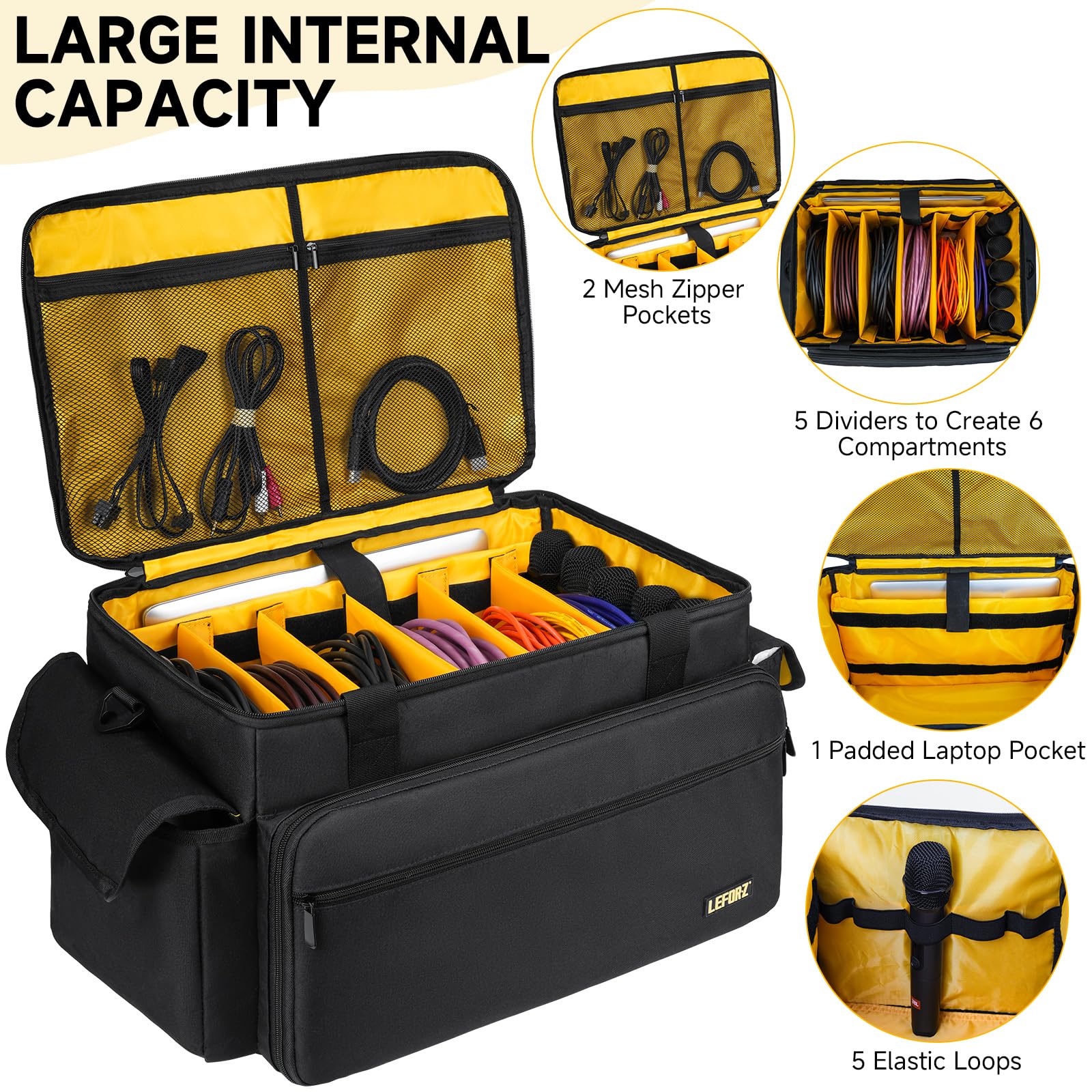 DJ-Equipment-Tasche mit 5 herausnehmbaren Trennwänden,DJ-Kabeltasche mit Fächern für Laptop und Mikrofon,Reise-Organizer-Tasche für DJ-Equipment,Musiker,Profis und DJ-Zubehör (47 x 29 x 28 cm)