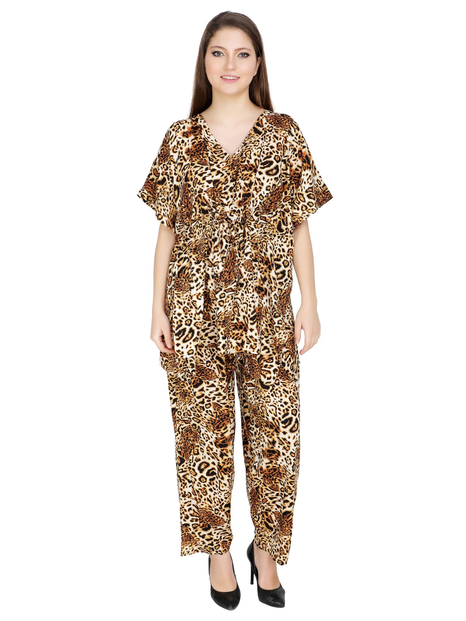 ukal Women & Girl's Summer Fashion Sleepwear Tiger Print Night Suit Top Pyjama Set (Free Size) Brown-picture-48