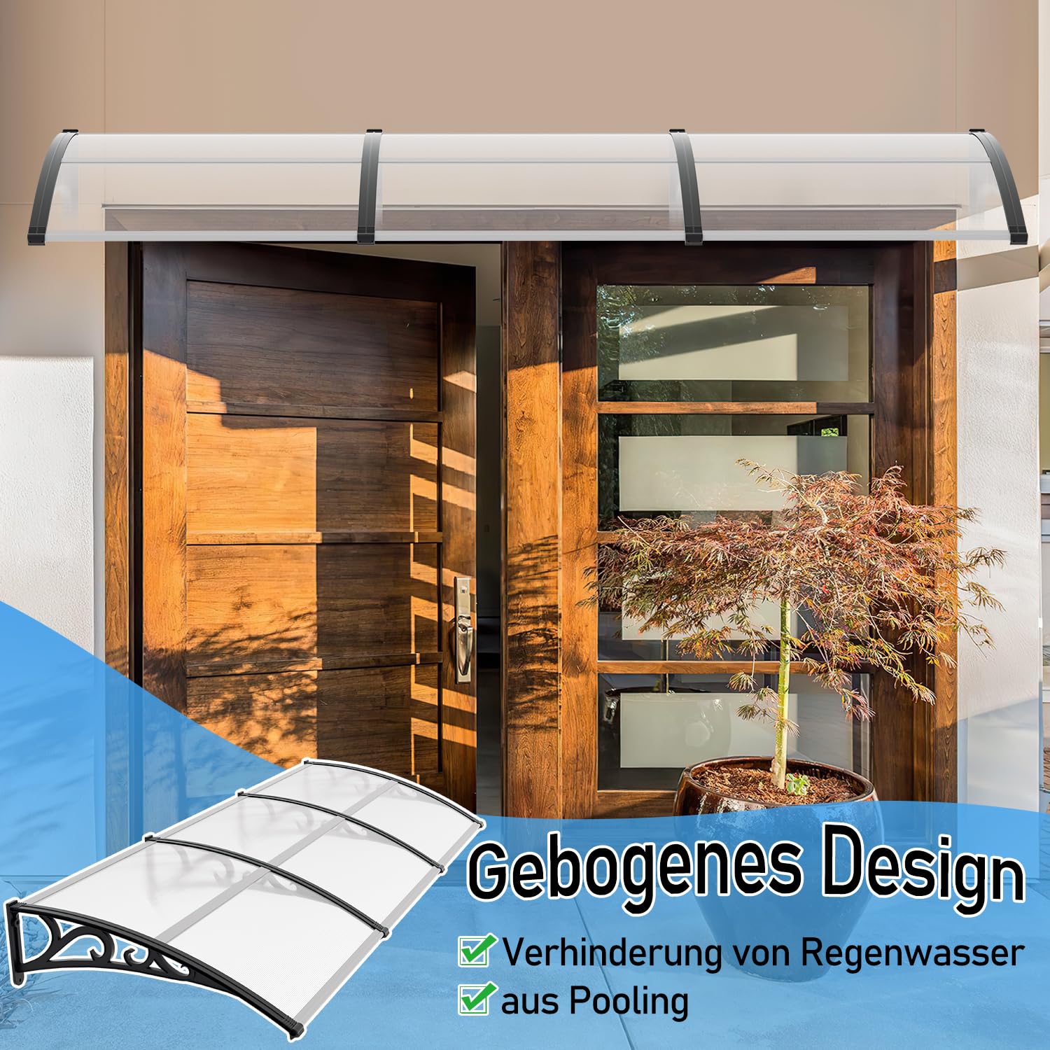 Toldo para Puerta 100x300 cm, marquesina para Puerta de Entrada de 6 mm de Aluminio y policarbonato, marquesina Transparente arqueada, protección contra el Sol y la Lluvia