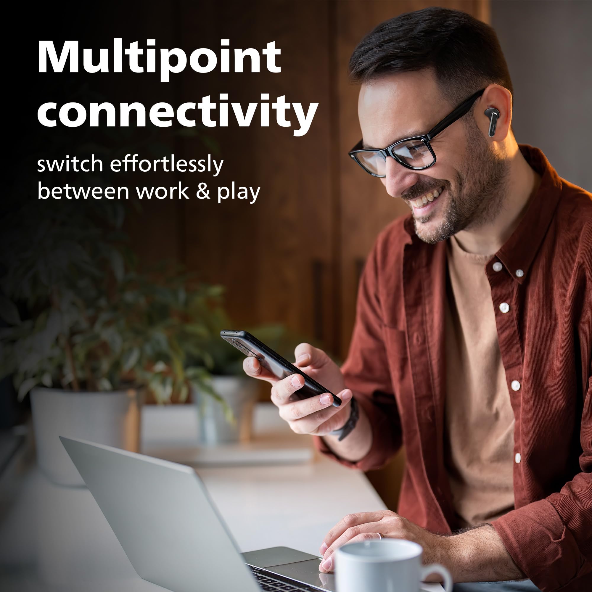 PHILIPS TAT1150BK/94 Premium Wireless Earbuds with ANC, Quad Mic ENC, Up to 55 Hr Playtime,13mm Neodymium Drivers,Multipoint, ergonomically Designed,IPX5 Water Resistance,Fast Charging (Deep Black) — Amazon image 6