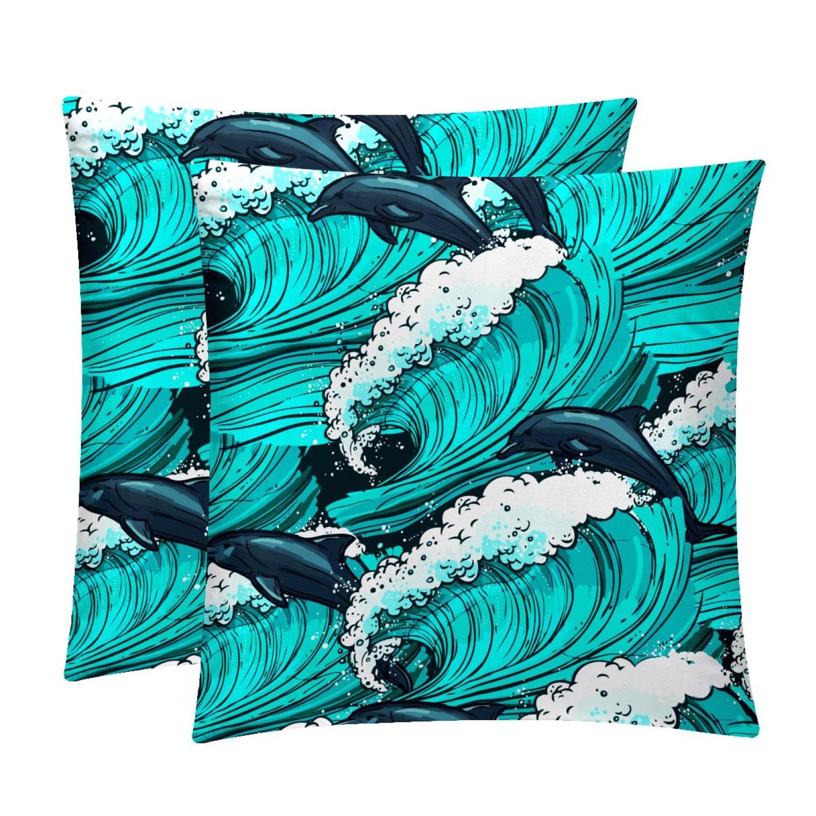 TDGKPZ Blue Dolphin Throw Pillow Cases 2 Pack Pillowcases Zipper Cushion Covers For Bedroom Living Room 45x45cm