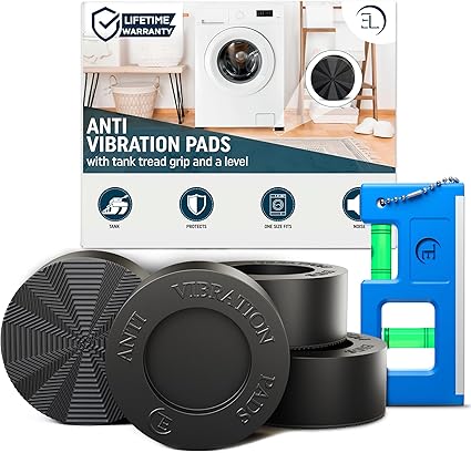 Anti Vibration Pads for Washing Machine with Tank Tread Grip | 4 Pack + Level | Stops Washer Dryer from Moving, Protects Floor | Rubber Antivibration Feet Stabilizer for Leveling Washer Machine