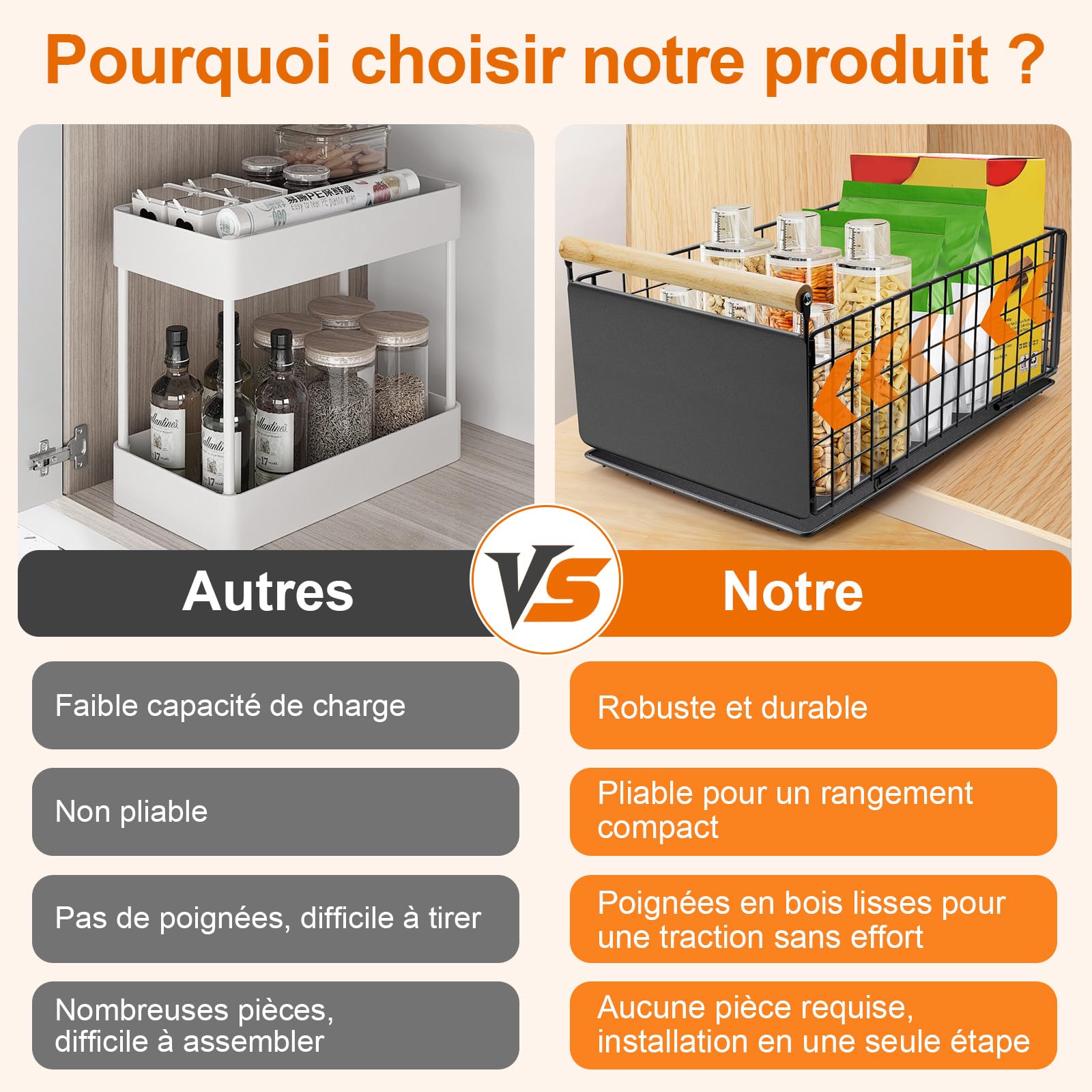 Lot de 2 tiroirs extensibles de cuisine, en acier au carbone de qualité supérieure, tiroir télescopique ultra silencieux, 40 cm x 23 cm x 20 cm, convient pour la cuisine, la salle de bain, le