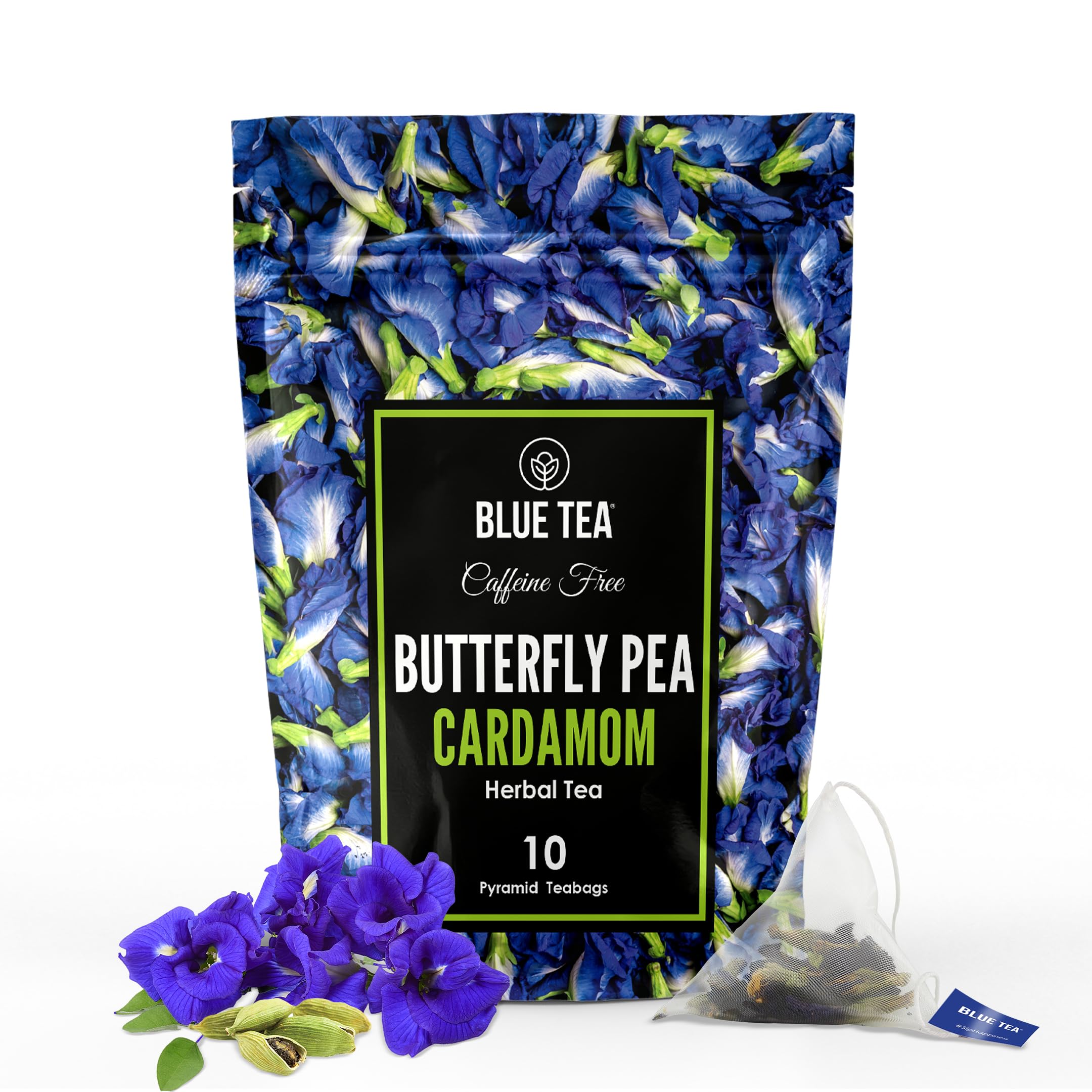 BLUE TEA - Butterfly Pea Flower Cardamom Tea - 10 Tea Bags (Plant Based ) | ANTIOXIDANT RICH | Herbal Tea - Caffeine Free - Non-Bitter - Flower Based - Vegan - Non-GMO- Natural Ingredients | Zipper Pack