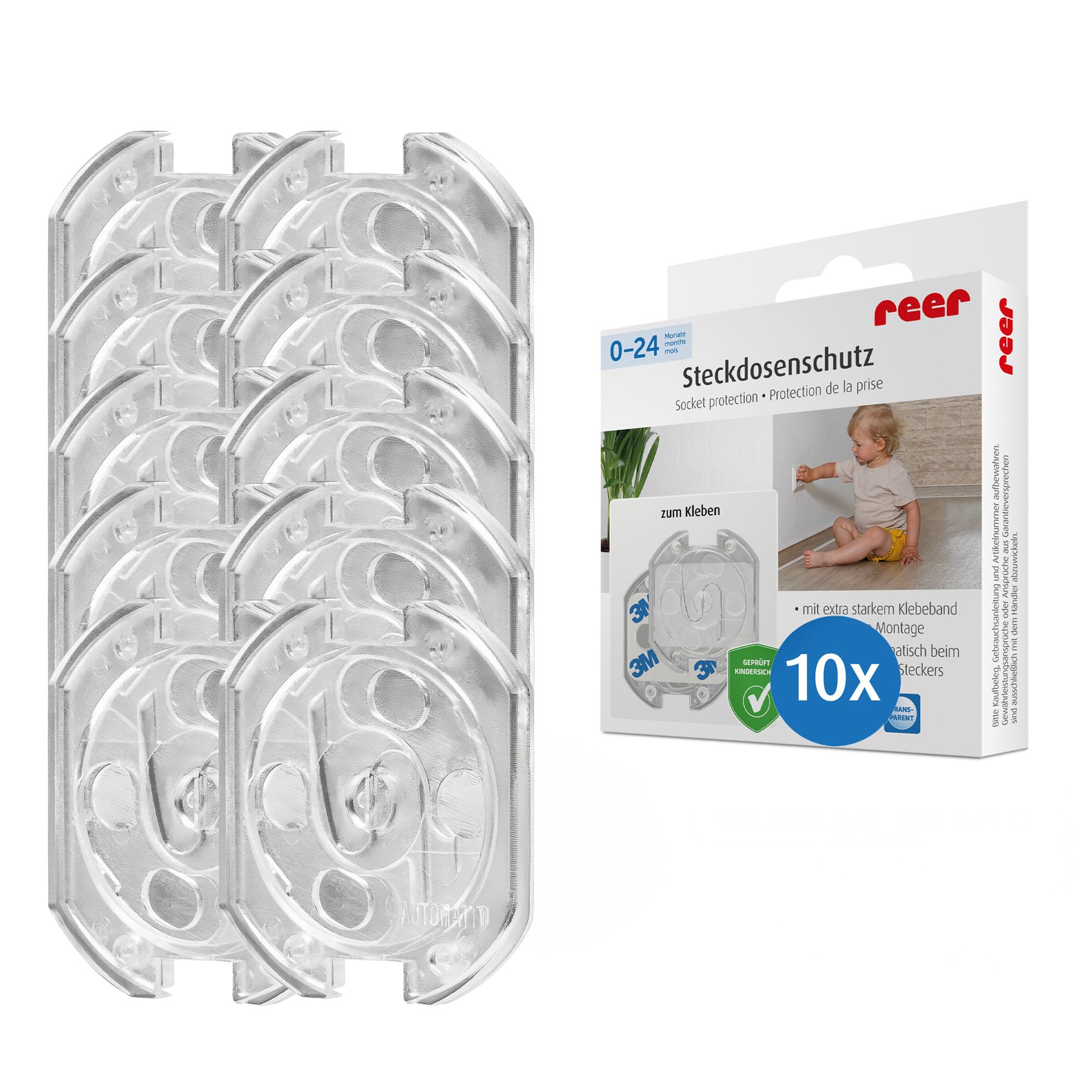 reer Steckdosenschutz - das kindersichere Original vom Erfinder, zum Kleben, transparent, 10 Stück