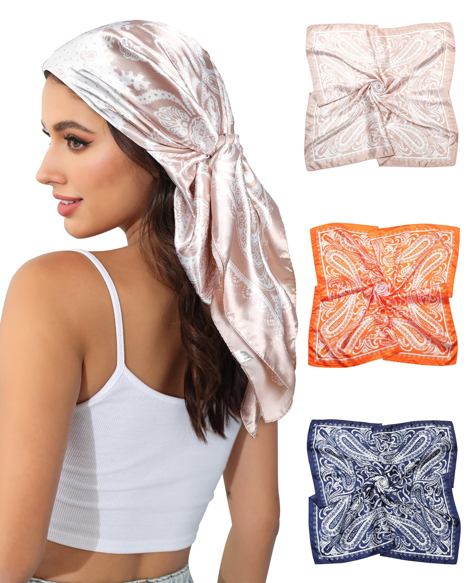 AWAYTR 35” Satin Head Scarf for Women 3Pcs Silk Scarf for Hair Scarf Satin Hair Bandana Women Headscarf Hair Wrap Scarf Neck