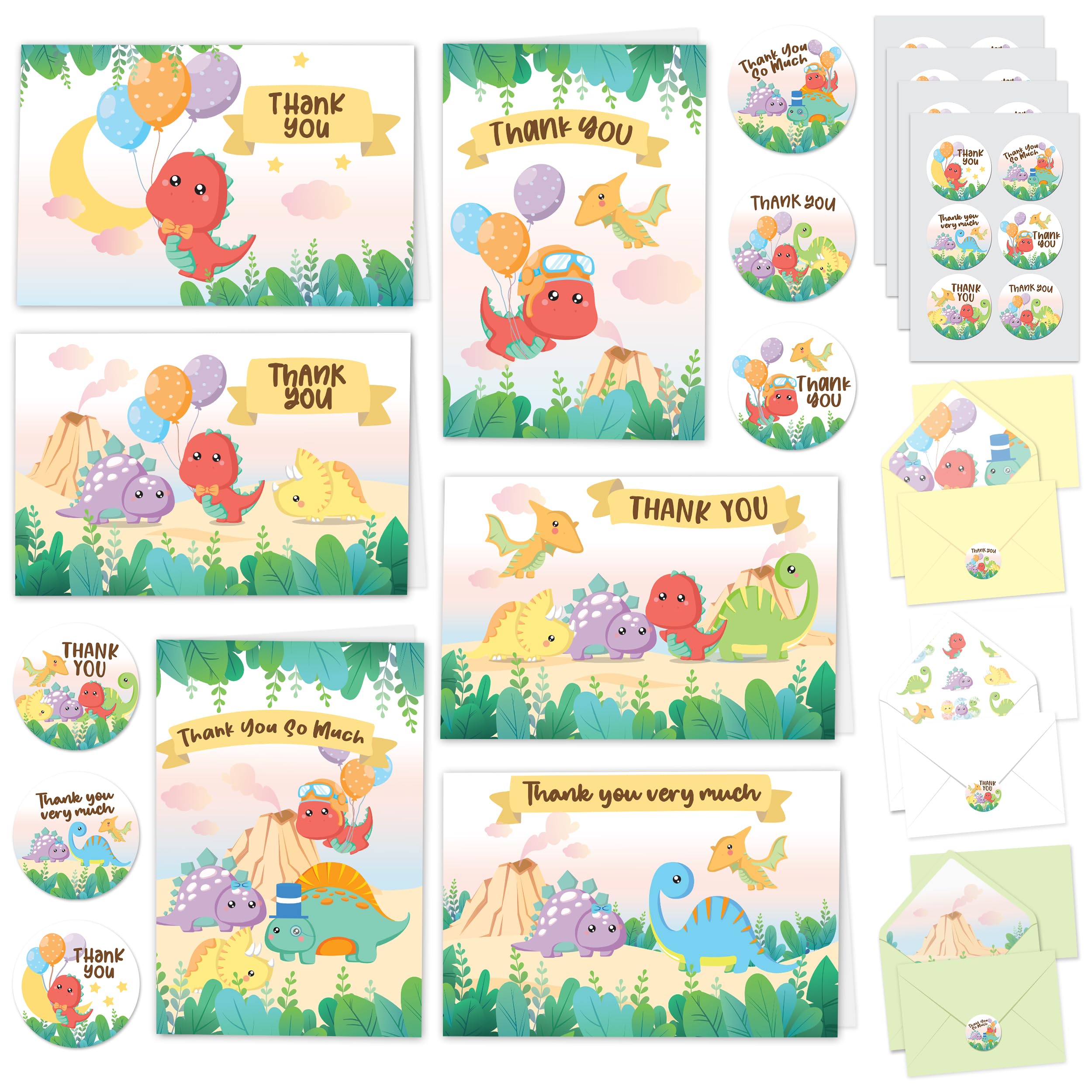 Decorably 30 Pack 4.9x3.5in Baby Dinosaur Thank You Cards with Envelopes and Stickers, 6 Adorable Designs for Kids & Adults, Blank Inside - Kid's