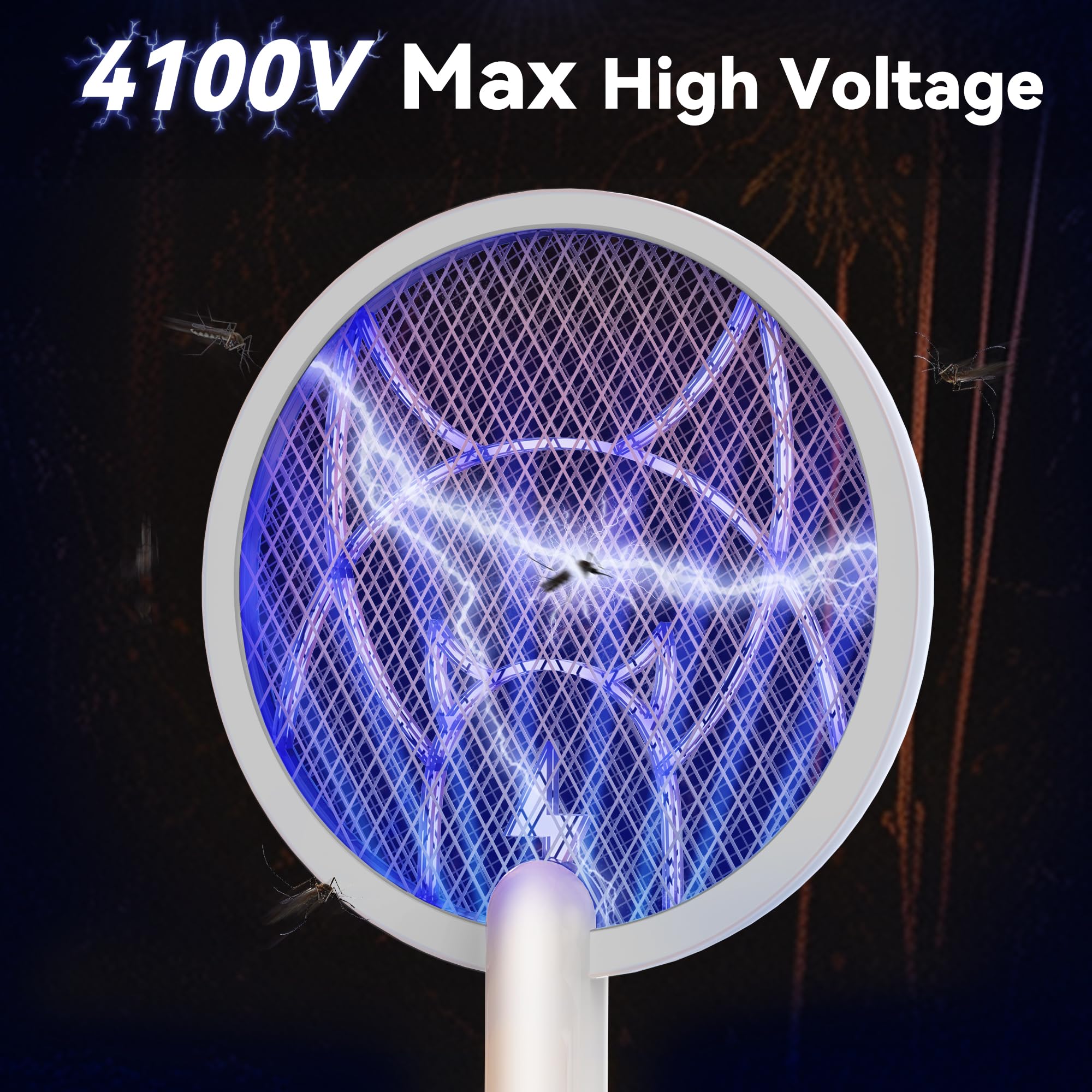 Nymrix Raqueta eléctrica matamoscas 2 en 1, matamosquitos de 4100 V, matamosquitos de mano con batería recargable de 1800 mAh, luz púrpura y malla de seguridad de 3 capas para interiores y exteriores