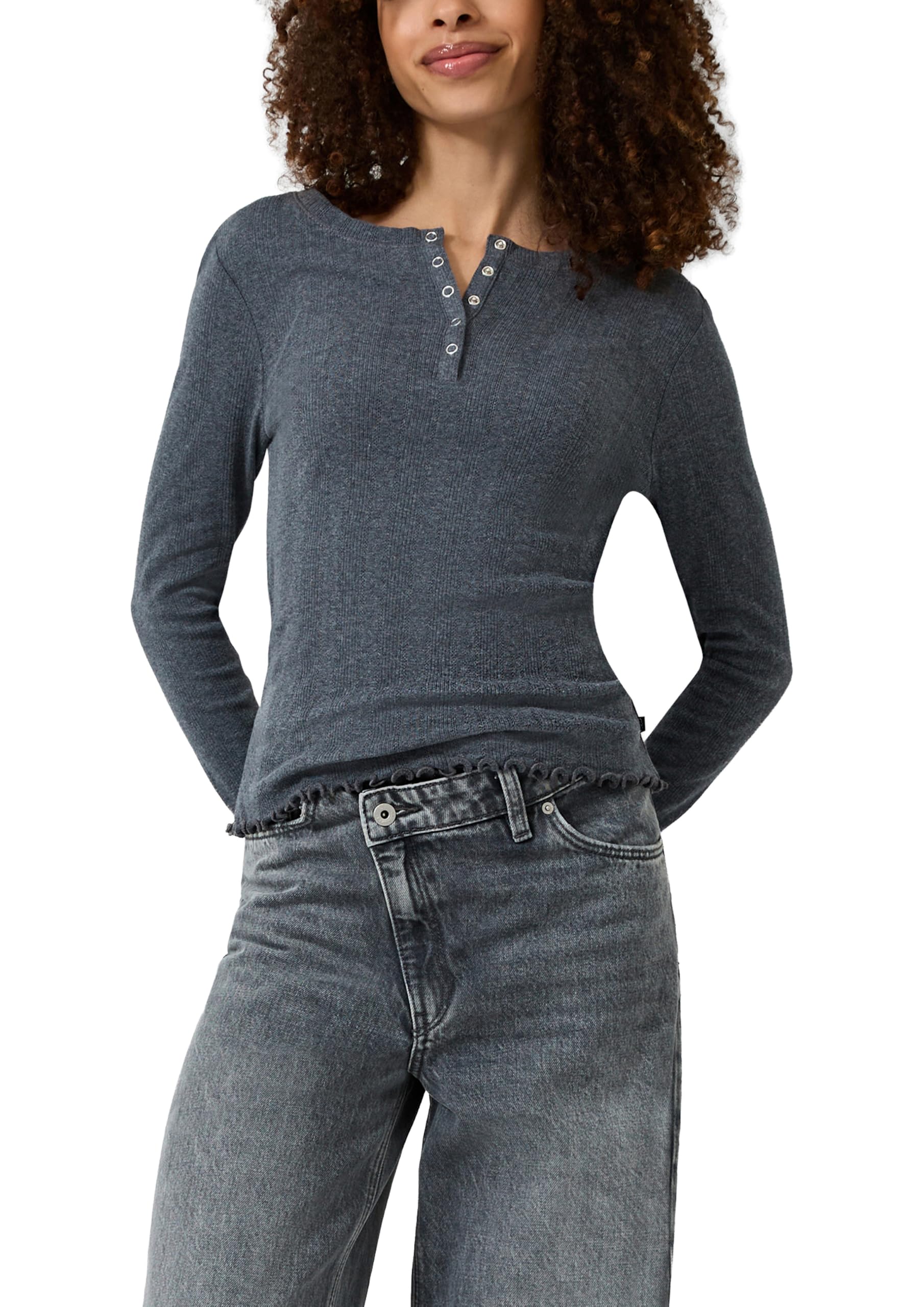 QS Damen T-Shirt – Slim Fit, Ajourmuster, Knopfleiste