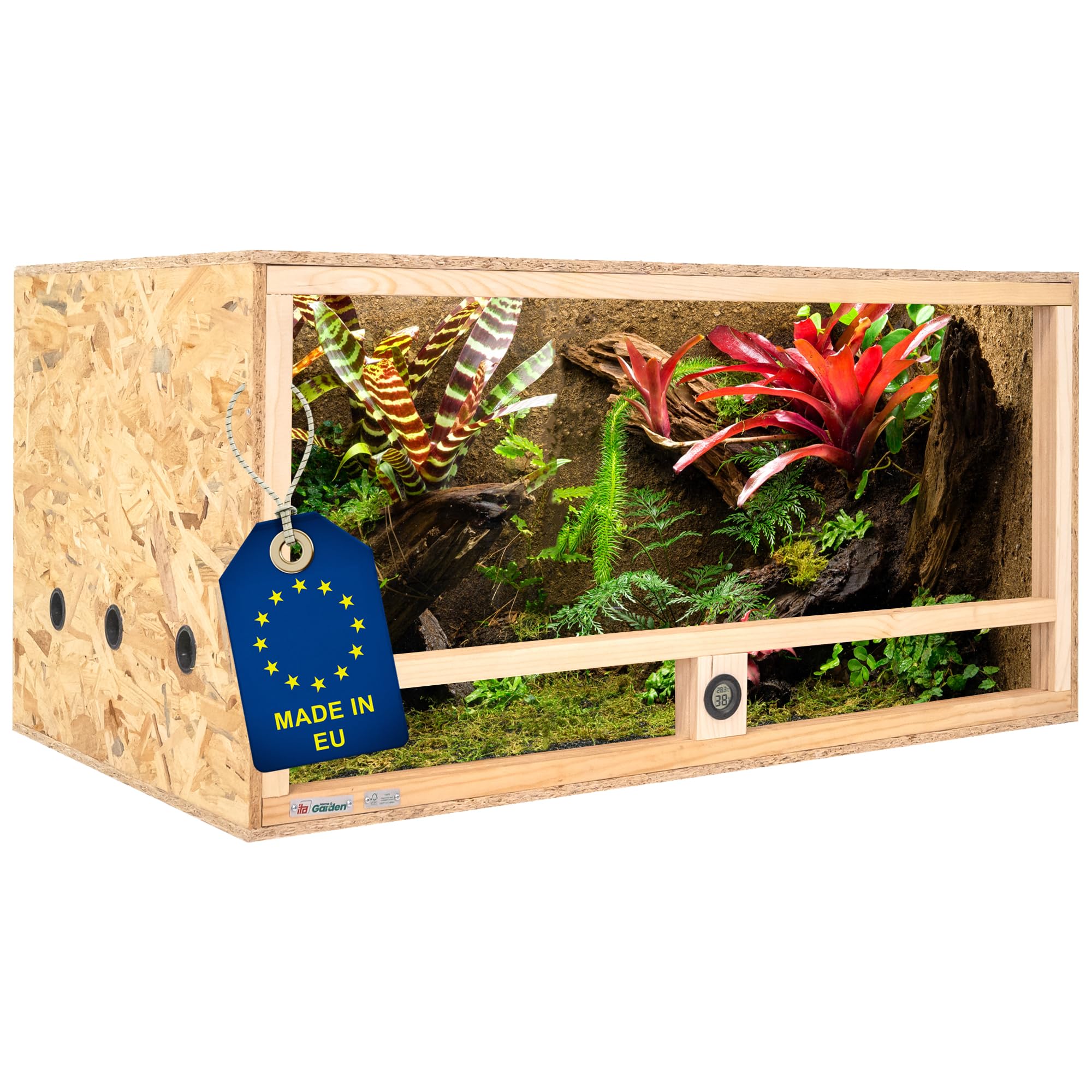 ITA Terrario de Madera 100x60x50 cm con ventilación Lateral e higrómetro Integrado - Terrarios de OSB-3 - para Reptiles, Serpientes, Anfibios - Producto UE, Certificado FSC