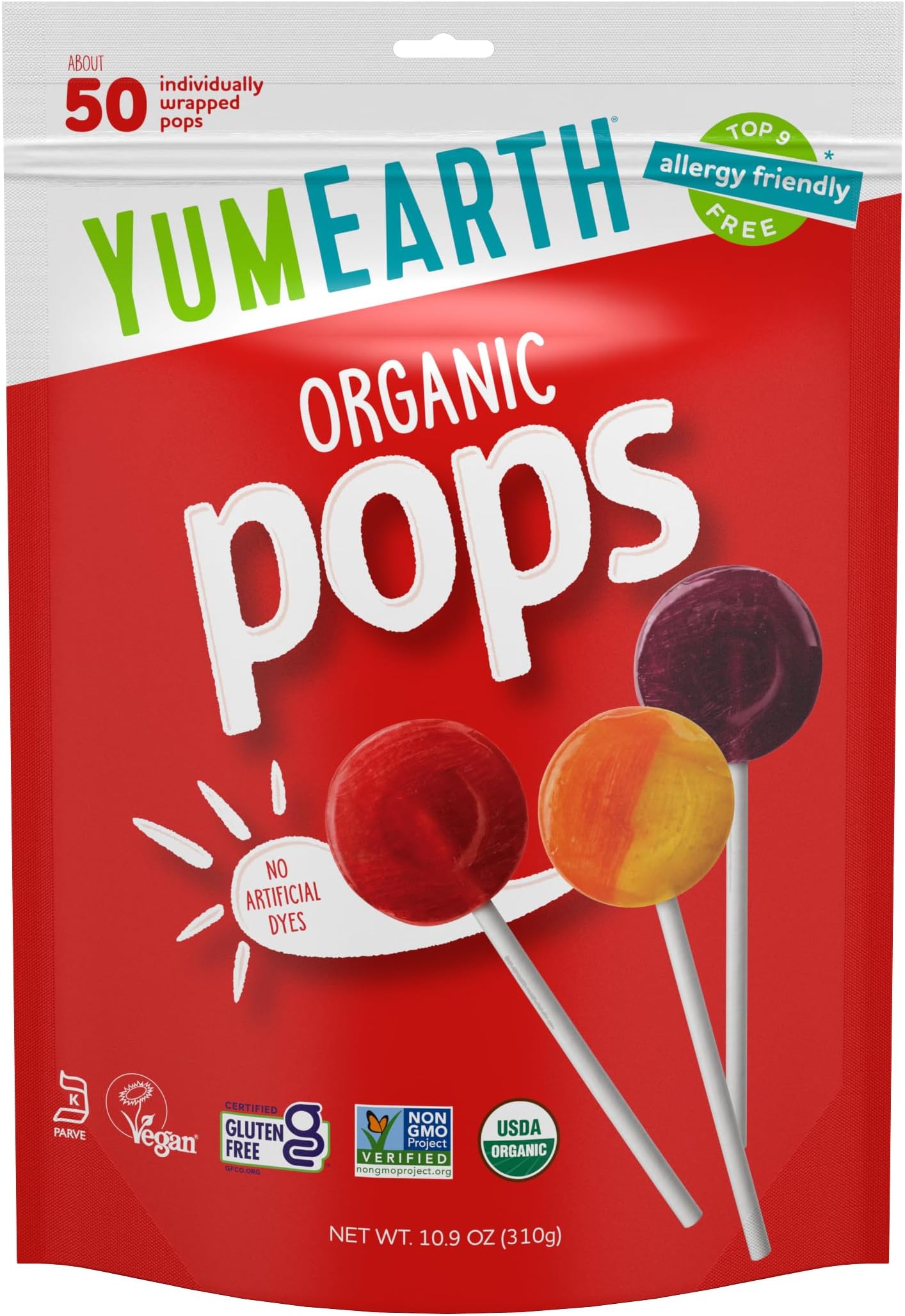 Organic Lollipops, Assorted Flavors - Allergy Friendly, Non GMO, Gluten Free, Vegan (Packaging May Vary) (50 Count, Variety Pack)