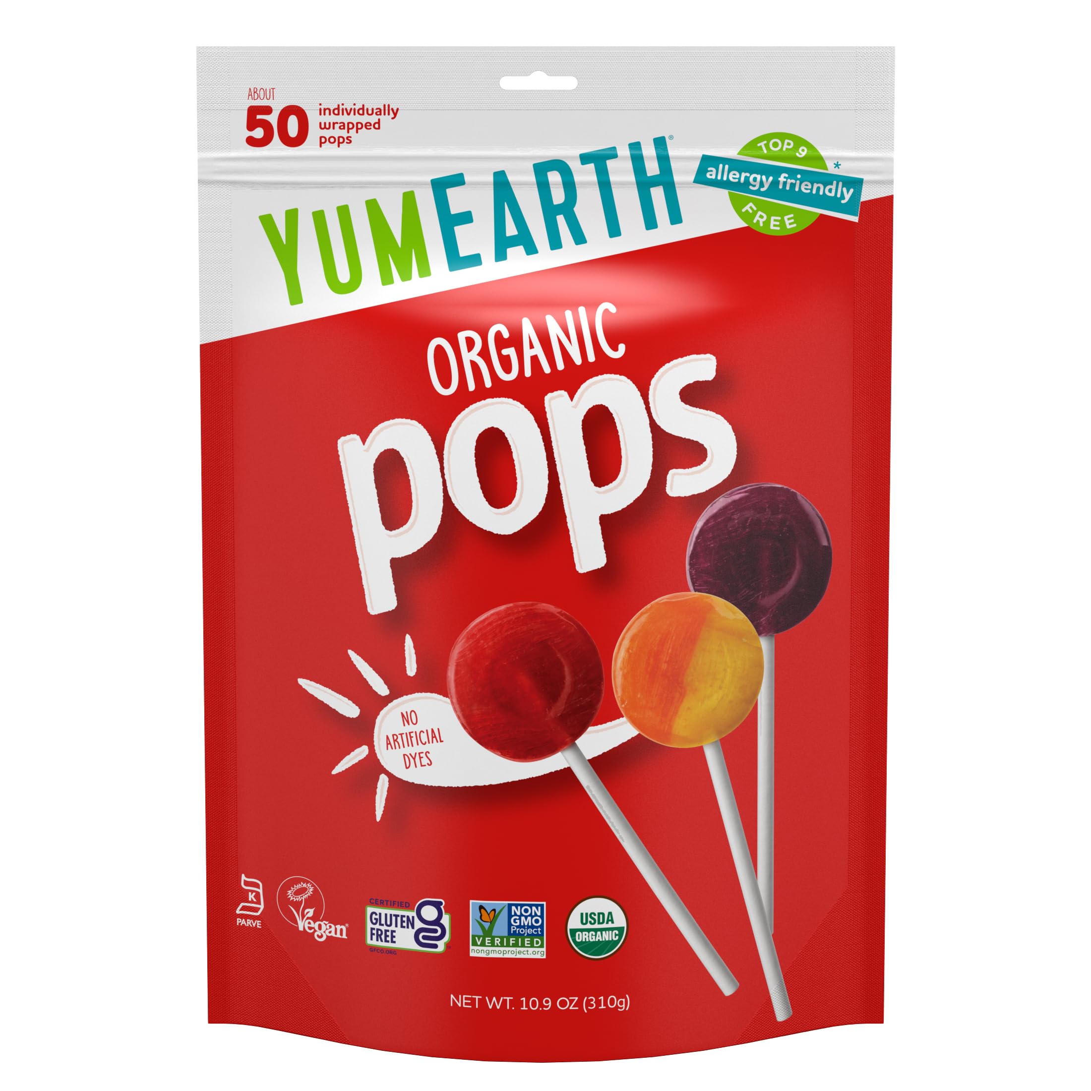 YumEarth Organic Lollipops, Assorted Flavors - Allergy Friendly, Non GMO, Gluten Free, Vegan (Packaging May Vary) (50 Count, Variety Pack)