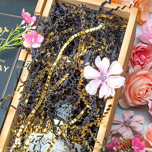 Miniatura 4 de Relleno de papel de corte arrugado de 5.3 onzas de papel metálico dorado y negro, cajas de regalo para envolver regalos y rellenar cestas