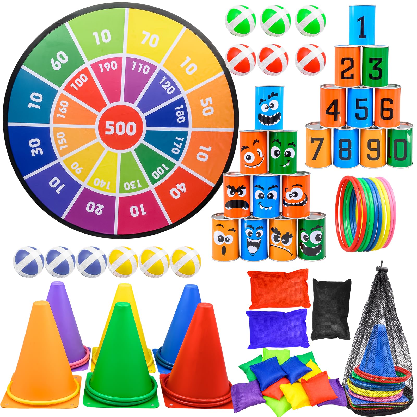 56 Pcs Carnival Games Combo Set, Bean Bag Toss Game Includes Dart Board with Balls, Plastic Cones, Rings and Bean Bags for Boys Girls Adults Party Outdoor Garden Beach