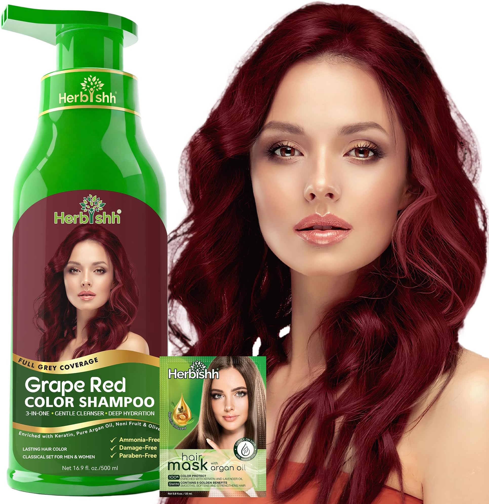 Herbishh Hair Colour Shampoo for Grey Hair, Grape Red, 500 ml, Ammonia-Free 3-in-1 Hair Dye Shampoo, Colours Hair in Minutes, Long-Lasting Colour