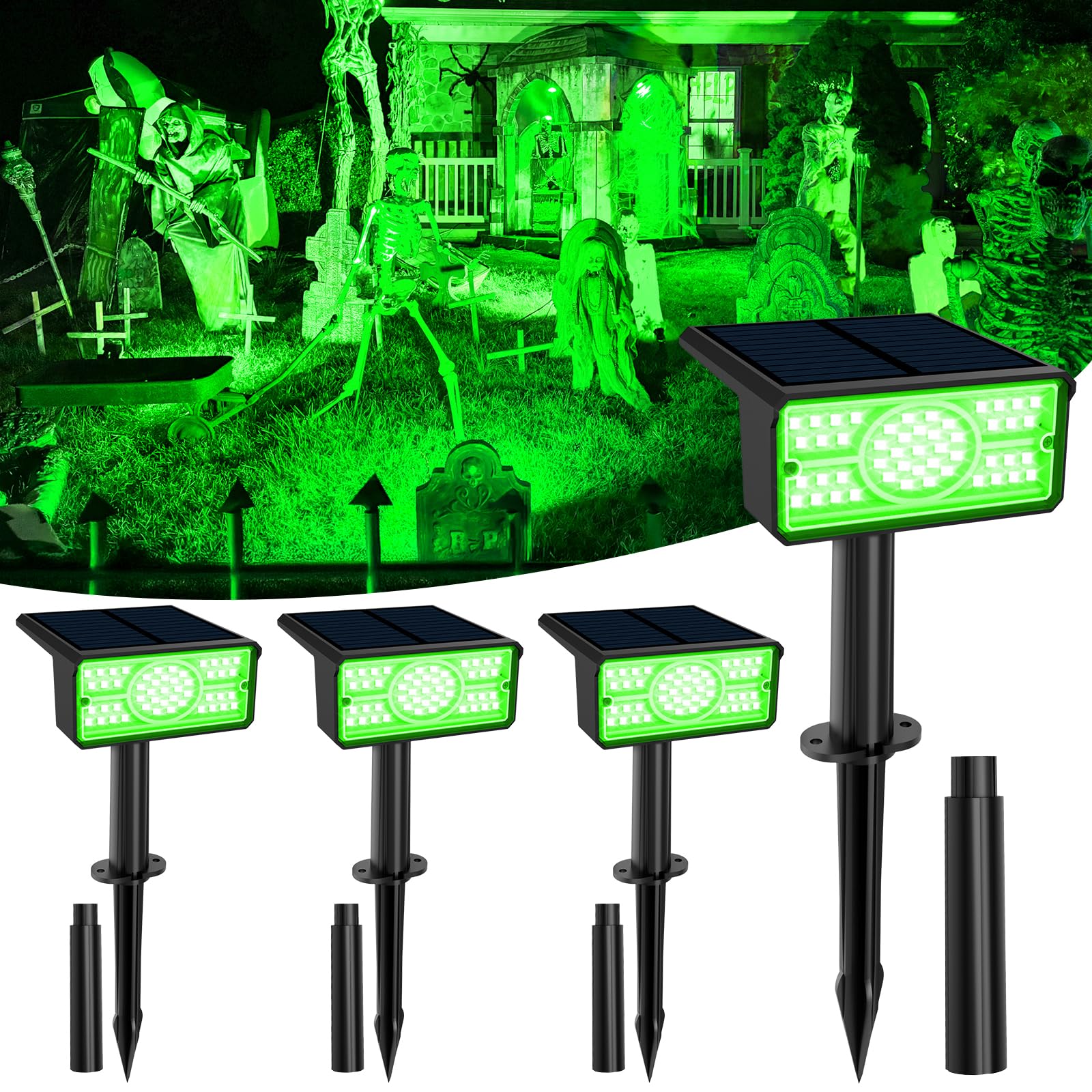 T-SUNUS Focos solares verdes para exteriores, luces solares de jardín impermeables, 2 modos brillantes, luces de seguridad, luz de paisaje de Navidad para jardín, árbol, patio, césped, escaleras