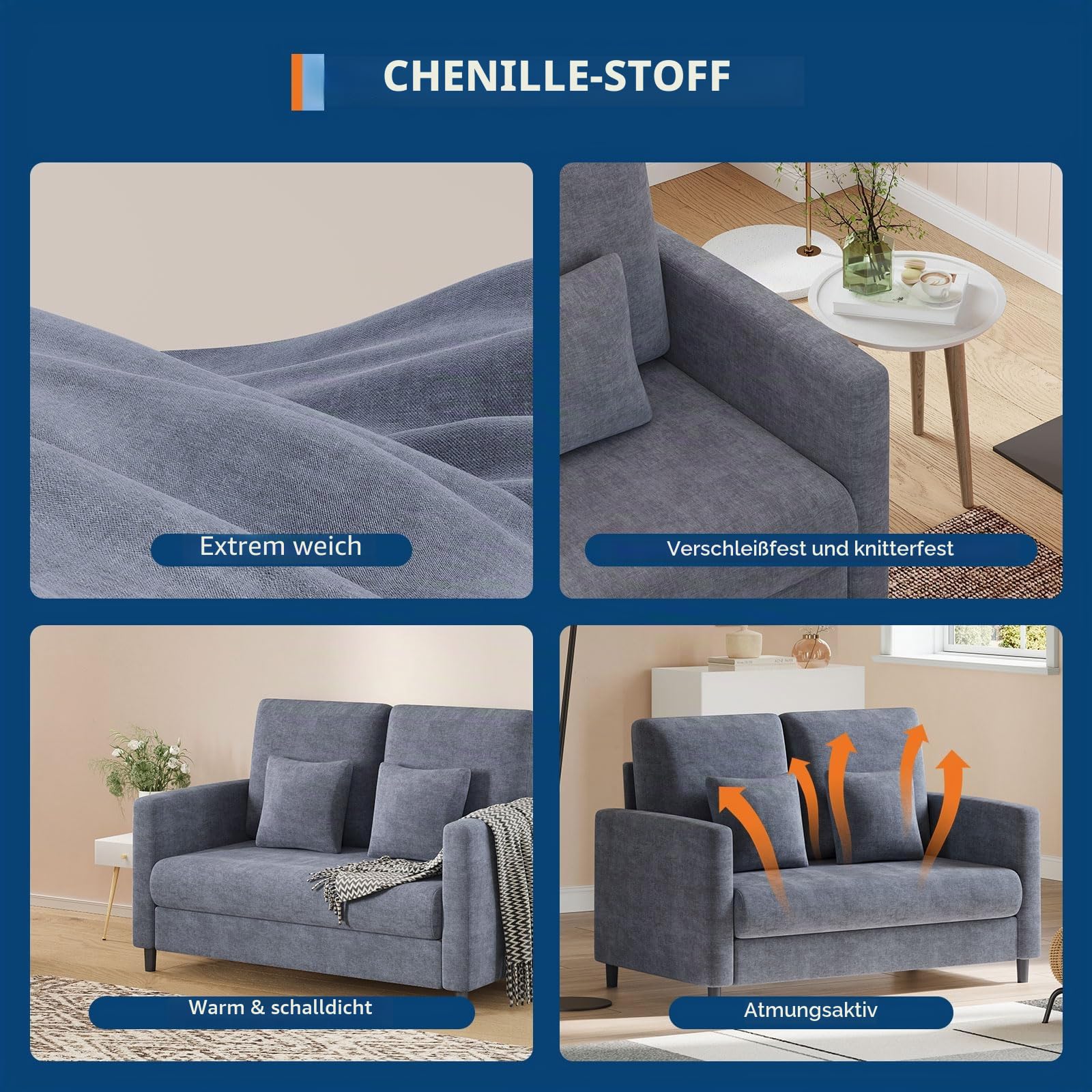 GarveeHome Beiges 2-Sitzer Chenille Sofa, 132 cm – Kompakt und bequem – Loveseat für Wohnzimmer & Schlafzimmer – Platzsparendes Sofabett – Werkzeugfreie Montage