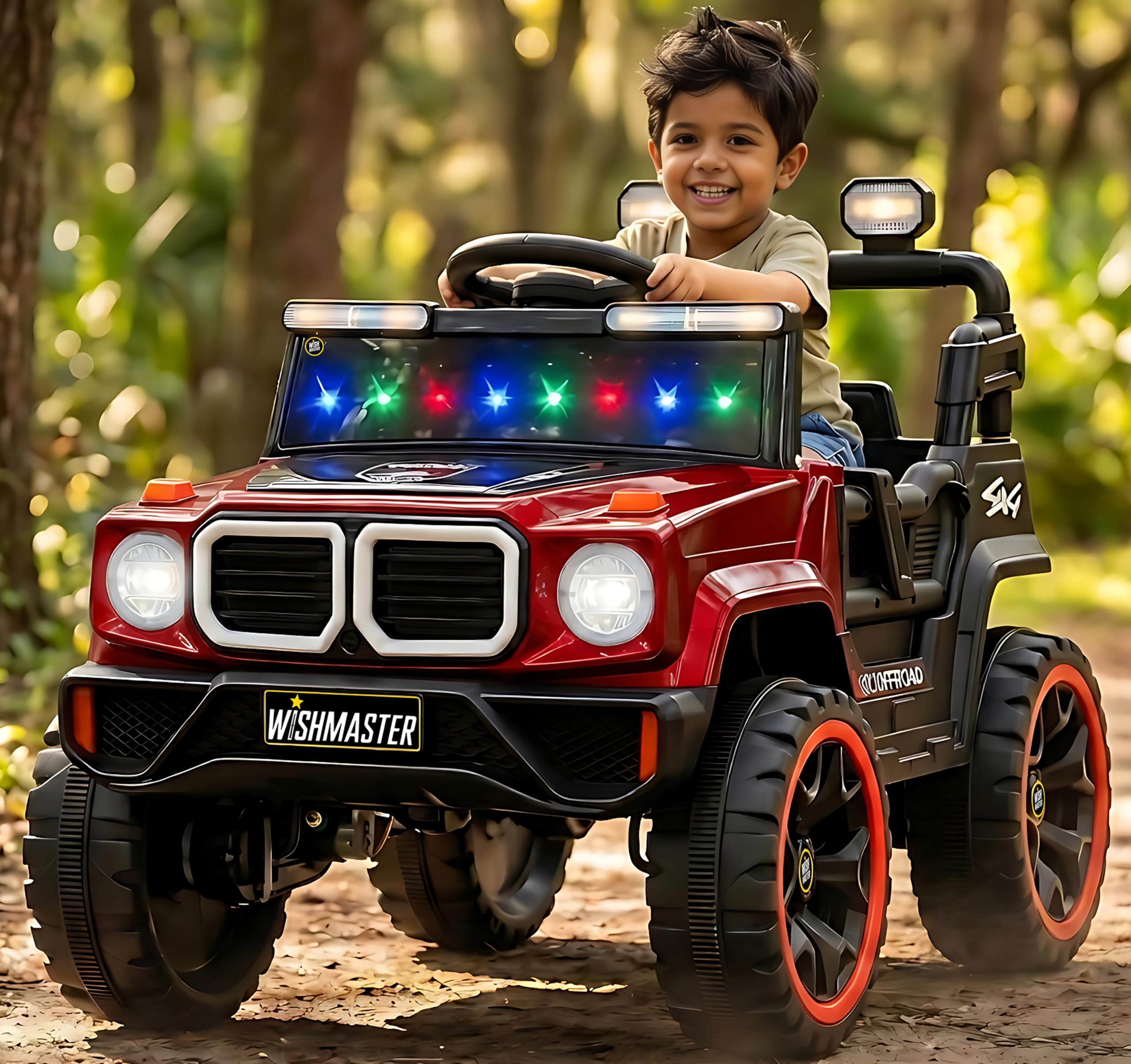 Wishmaster 4x4 Kids Electric Ride On Jeep with Remote Control | Battery Operated Car for Kids 2–6 Years | RGB LED Lights, Bluetooth Music | Birthday Gift | 1-Year Warranty On Motors & Motherboard