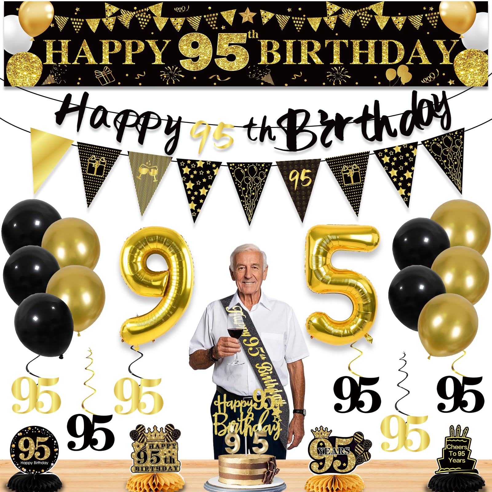 95th Birthday Decorations for Men, Black Gold 95th Party Decorations