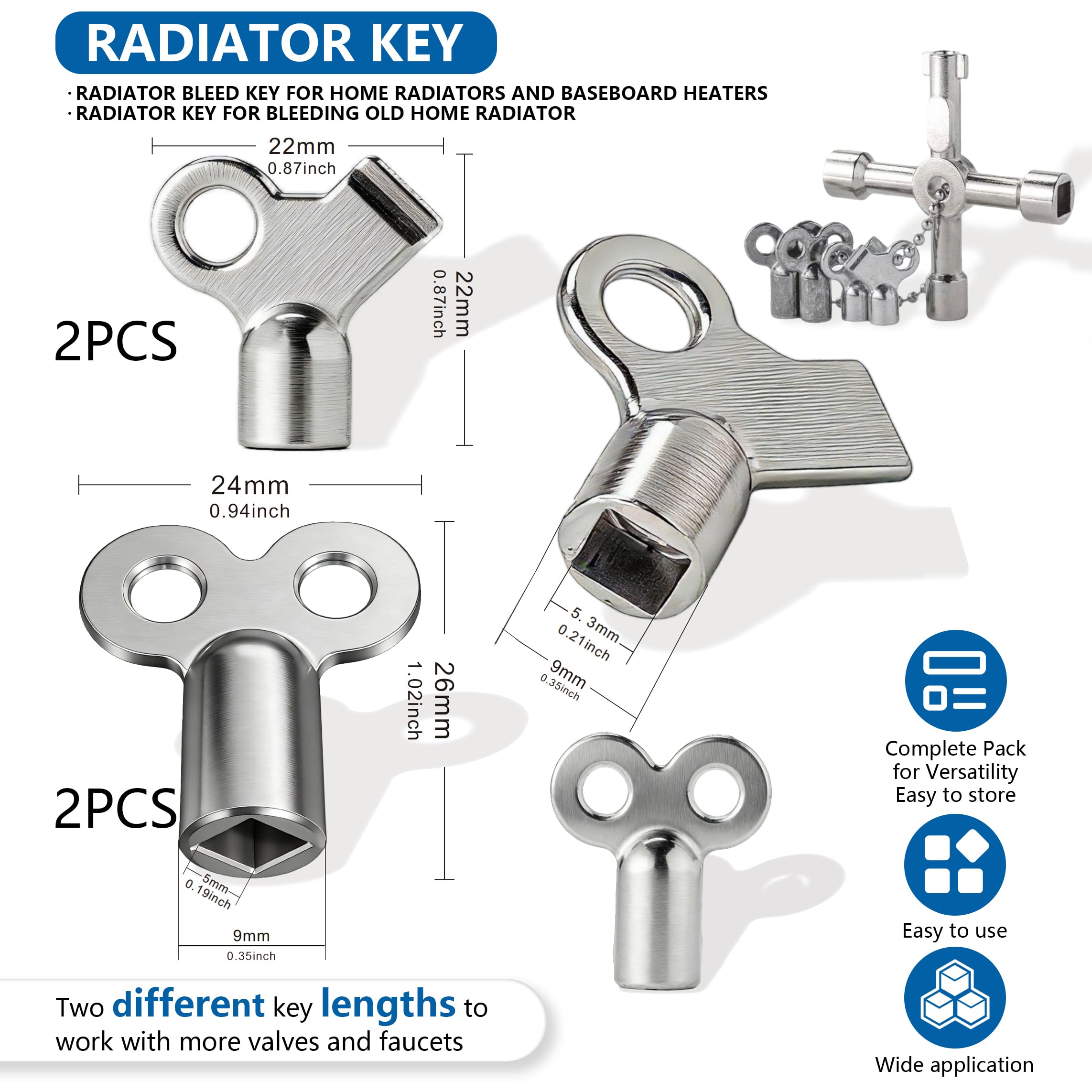 Outil d'arrêt d'urgence, ensemble de 6 clés de valve tout-en-un (4 radiateurs et 2 clés de purge) pour robinet extérieur de 6,35 mm, 9,2 cm, 0,6 cm, 11/32", robinet, radiateur et compteur