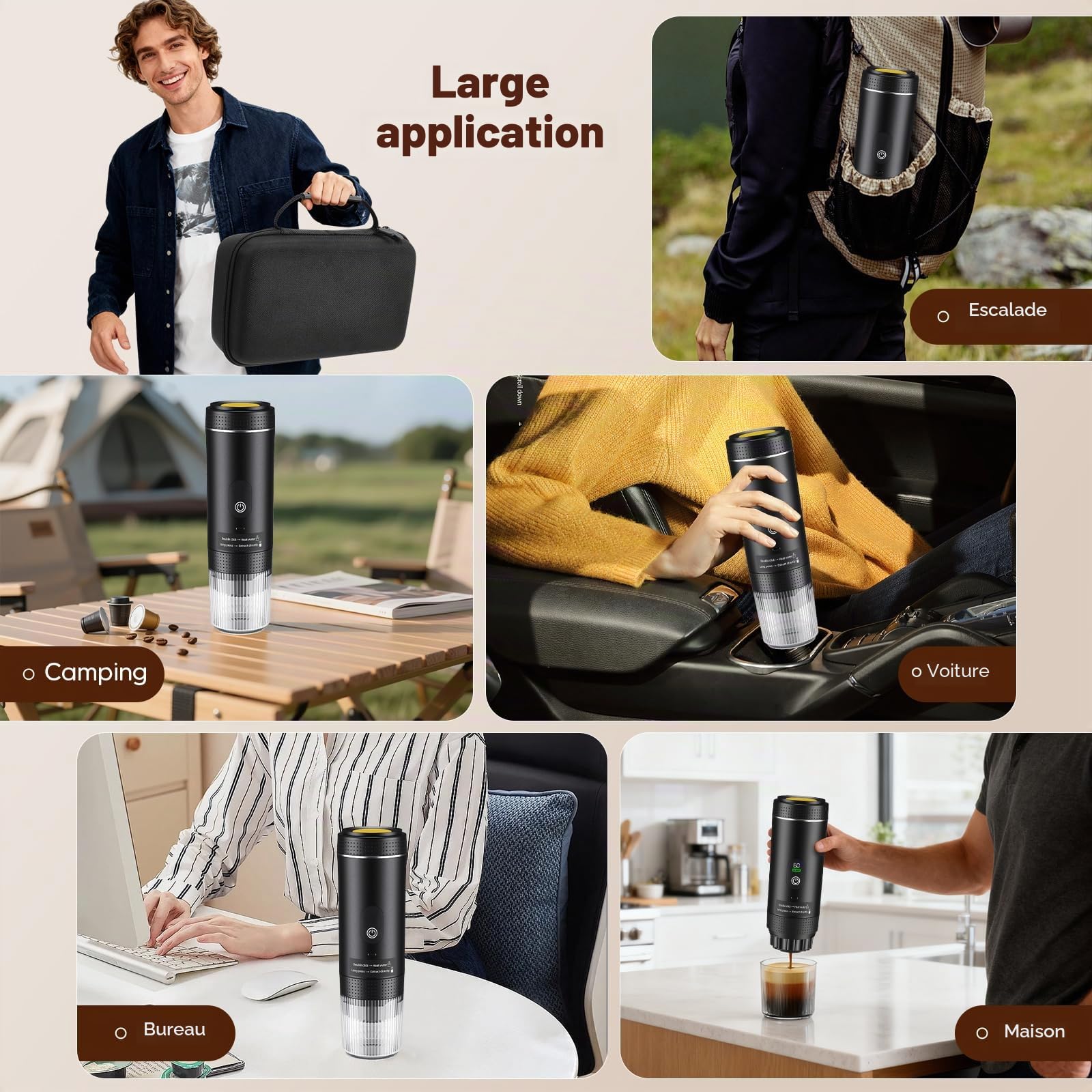 Machine à café portable 3 en 1 20 bar, batterie 7500 mAh USB-C, extraction chaud/froid avec affichage, capsules et café moulu, noir